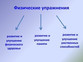 Физические упражнения
развитие и
улучшение
памяти
развитие и
улучшение
физического
здоровья
развитие и
улучшение
умственных
способностей
 