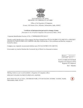 Epocket Altered Memorandum of Association