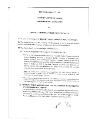 Epocket Altered Memorandum of Association