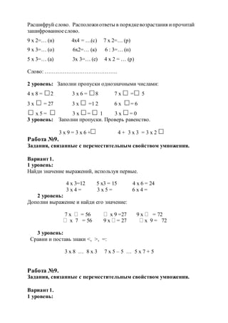 Расшифруй слово. Расположиответы в порядкевозрастания ипрочитай
зашифрованноеслово.
9 х 2=… (н) 4х4 = …(с) 7 х 2=… (р)
9 х 3=… (о) 6х2=… (к) 6 : 3=… (п)
5 х 3=… (а) 3х 3=… (е) 4 х 2 = … (р)
Слово: ………………………………….
2 уровень: Заполни пропуски однозначными числами:
4 х 8 = 2 3 х 6 = 8 7 х = 5
3 х = 27 3 х =1 2 6 х = 6
х 5 = 3 х = 1 3 х = 0
3 уровень: Заполни пропуски. Проверь равенство.
3 х 9 = 3 х 6 + 4 + 3 х 3 = 3 х 2 +
Работа №9.
Задания, связанные с переместительным свойством умножения.
Вариант1.
1 уровень:
Найди значение выражений, используя первые.
4 х 3=12 5 х3 = 15 4 х 6 = 24
3 х 4 = 3 х 5 = 6 х 4 =
2 уровень:
Дополни выражение и найди его значение:
7 х  = 56  х 9 =27 9 х  = 72
 х 7 = 56 9 х  = 27  х 9 = 72
3 уровень:
Сравни и поставь знаки <, >, =:
3 х 8 … 8 х 3 7 х 5 – 5 … 5 х 7 + 5
Работа №9.
Задания, связанные с переместительным свойством умножения.
Вариант1.
1 уровень:
 