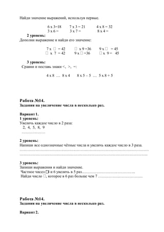 Найди значение выражений, используя первые.
6 х 3=18 7 х 3 = 21 4 х 8 = 32
3 х 6 = 3 х 7 = 8 х 4 =
2 уровень:
Дополни выражение и найди его значение:
7 х  = 42  х 9 =36 9 х  = 45
 х 7 = 42 9 х  =36  х 9 = 45
3 уровень:
Сравни и поставь знаки <, >, =:
4 х 8 … 8 х 4 8 х 5 – 5 … 5 х 8 + 5
Работа №14.
Задания на увеличение числа в несколько раз.
Вариант1.
1 уровень:
Увеличь каждое число в 2 раза:
2, 4, 5, 8, 9
………………
2 уровень:
Напиши все однозначные чётные числа и увеличь каждое число в 3 раза.
………………………………………………………………………………………
……………………………………………………………………………………..
3 уровень:
Запиши выражения и найди значение.
Частное чисел 24 и 6 увеличь в 5 раз…………………………………..
Найди число , которое в 6 раз больше чем 7 …………………………….
Работа №14.
Задания на увеличение числа в несколько раз.
Вариант2.
 