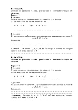 Работа №10.
Задания на усвоение таблицы умножения и соответствующего им
деления.
Вариант1.
1 уровень:
Обведи выражения на умножение с результатом 32 и запиши
соответствующие им выражения на деление.
4 х 8 4х 9 8 х 4 9 х 4 9 х 3
…………………………………………………………………
2 уровень:
Из данных чисел выберипары, произведения или частные которых равны 6:
1, 4, 6, 2, 12, 3, 8, 36.
Напиши их.
………………………………………………………………………………………
……………………………………………………………………………………..
3 уровень: Из чисел 12, 30, 42, 18, 54, 36 выбери и выпиши те, которые
делятся на 6, но не делятся на 4.
……………………………………………………………………………………….
Работа №10.
Задания на усвоение таблицы умножения и соответствующего им
деления.
Вариант2.
1 уровень:
Обведи выражения на умножение с результатом 36 и запиши
соответствующие им выражения на деление.
4 х 8 4х 9 8 х 4 9 х 4 9 х 3
…………………………………………………………………
2 уровень:
Из данных чисел выберипары, произведения или частные которых равны 8:
1, 4, 6, 2, 16, 3, 8, 32.
Напиши их.
………………………………………………………………………………………
……………………………………………………………………………………..
3 уровень: Из чисел 54, 36, 18, 12, 30, 42 выбери и выпиши те, которые
делятся на 6, но не делятся на 4.
……………………………………………………………………………………
 