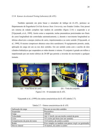 20

2.3.8 Kansas Accelerated Testing Laboratory (K-ATL)

Também operando em pista linear o simulador de tráfego do K-ATL, pertence ao
Departamento de Engenharia Civil do Kansas State University, nos Estados Unidos. Este possui
um sistema de rodado completo tipo tandem de caminhão (figura 2.16) e suspensão a ar
[Vijayanath, et al., 1999]. Assim como a suspensão, molas pneumáticas posicionadas nos finais
do curso longitudinal são controladas automaticamente, e, durante o movimento longitudinal as
últimas absorvem a energia cinética do carro, impulsionando-o no outro sentido [Vijayanath, et
al., 1999]. O mesmo compressor abastece estes dois sumidouros. O equipamento permite, ainda,
aplicação de carga em um ou nos dois sentidos. Em um sentido conta com o auxílio de dois
cilindros hidráulicos que suspendem as rodas durante o retorno. O conjunto é guiado em trilhos e
impulsionado por um motor elétrico de 20 HP que permite a inversão do movimento a qualquer
instante.

(a) – Vista lateral do carro

(b) – Vista do conjunto.

Figura 2.16 – O simulador do K-ATL.

Vijayanath et al., (1999) cita outras características do K-ATL (tabela 2.7).

Tabela 2.7 – Outras características do K-ATL.
Aplicação de carga
Suspensão
Carga
Velocidade
Ciclo
Comprimento da pista de testes
Rodas
Desvio lateral

Em um ou nos dois sentidos
Pneumática
180 kN
Até 11 km/h, em um trecho central da pista
313 ciclos por hora (em um sentido)
12,8 metros, de centro a centro
Eixo simples ou tandem com pneus single ou geminados
14 metros, de centro a centro

 