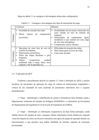 52

Segue na tabela 3.1 as vantagens e desvantagens destas duas configurações:

Tabela 3.1 – Vantagens e desvantagens dos tipos de transmissão da carga.
Bilateral

•
Vantagens

Unilateral
Facilidade de remoção das rodas;

•

•

Menor

número

envolvidos;

de

componentes
•
•

Desvantagens

•
•
•
•

Baricentro do carro fora do eixo de •
simetria de máquina;
•
Deformações assimétricas
•
Efeito das folgas (facilitam o giro
irregular);
Alguns
componentes
acabam
recebendo toda a carga: barra, eixo
(engaste e não bi-apoiada) etc.;

Possibilidade real de tornar o baricentro do
carro situado no eixo de simetria da
máquina;
Deformações de componentes iguais
(tendência) o que acarreta em uma carga
do solo mais homogênea;
Componentes menos robustos;
Dificuldade de remoção das rodas;
Mais tempo gasto na troca de rodas;
Custo mais elevado;

3.4 A aplicação do QFD

Conforme o procedimento descrito no capítulo 3.1 sobre a utilização do QFD, o projeto
mecânico do mecanismo de aplicação de carga do sistema de deslocamento longitudinal e
vertical de um simulador de teste acelerado de pavimentos rodoviários teve o seguinte
desdobramento:

1.º Etapa – identificação: a identificação do usuário é formada por duas entidades sendo o
Departamento Autônomo de Estradas de Rodagem (DAER/RS) e o Laboratório de Pavimentos
do Departamento de Engenharia Civil da Escola de Engenharia da UFRGS;

2.º Etapa – informação: as informações originaram-se de duas fontes principais, sendo
obtidas através das equipes de teste e pesquisa. Outras informações foram obtidas por inspeção
visual da máquina de testes em diversos momentos com apoio da equipe de operação durante seu
funcionamento, o que permitiu uma análise detalhada da interface máquina de teste/pista
pavimentada;

 