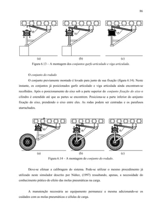 86

(a)

(b)

(c)

Figura 6.13 – A montagem dos conjuntos garfo articulado e viga articulada.

O conjunto do rodado
O conjunto previamente montado é levado para junto de sua fixação (figura 6.14). Neste
instante, os conjuntos já posicionados garfo articulado e viga articulada ainda encontram-se
recolhidos. Após o posicionamento do eixo sob a parte superior do conjunto fixação do eixo o
cilindro é estendido até que as partes se encontrem. Posiciona-se a parte inferior do conjunto
fixação do eixo, prendendo o eixo entre eles. As rodas podem ser centradas e os parafusos
atarrachados.

(a)

(b)

(c)

Figura 6.14 – A montagem do conjunto do rodado.

Deve-se efetuar a calibragem do sistema. Pode-se utilizar o mesmo procedimento já
utilizado neste simulador descrito por Núñez, (1997) ressaltando, apenas, a necessidade do
conhecimento prático do efeito das molas pneumáticas na carga.

A manutenção necessária ao equipamento permanece a mesma adicionando-se os
cuidados com as molas pneumáticas e células de carga.

 