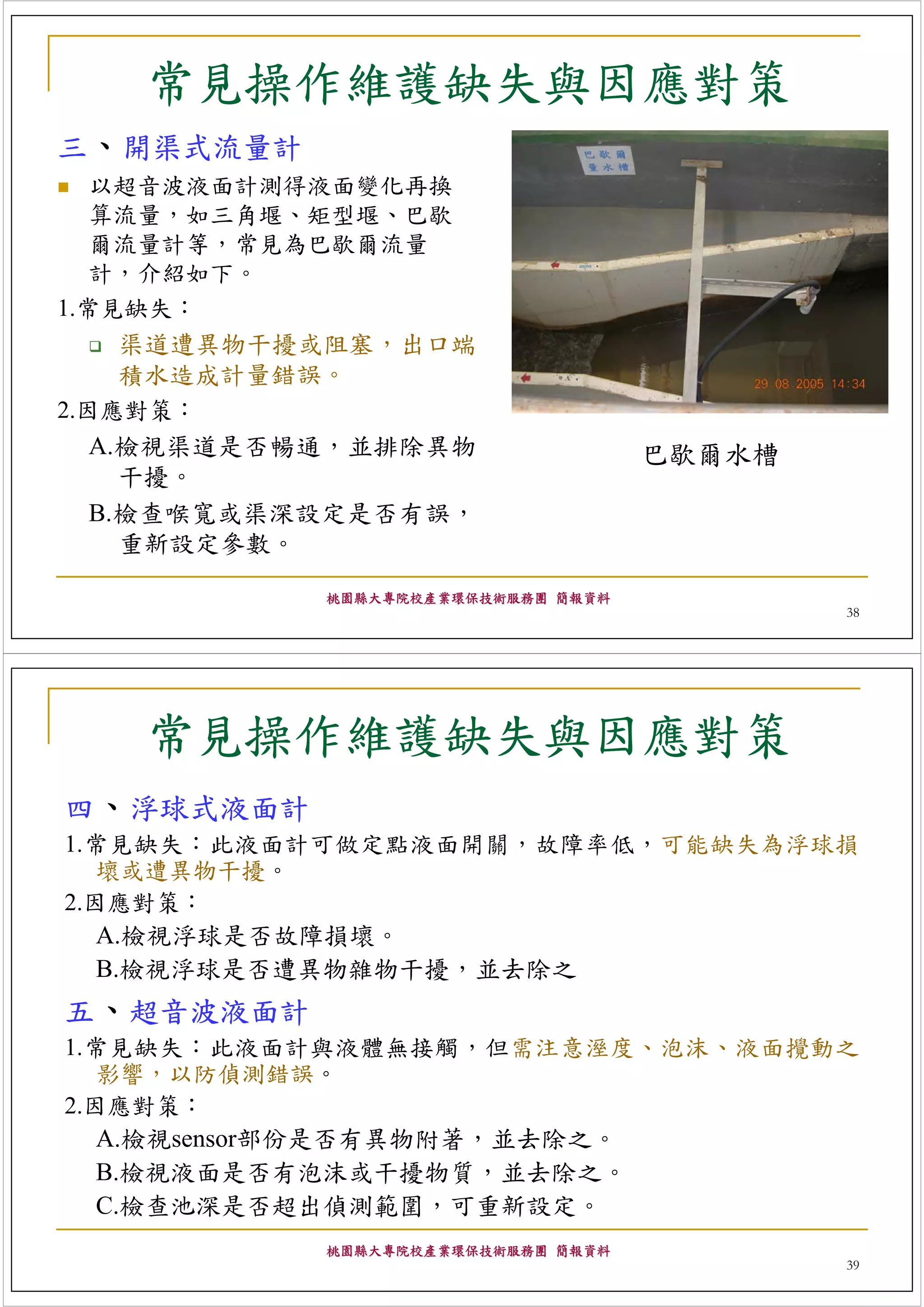 常見操作維護缺失與因應對策
三、開渠式流量計
   以超音波液面計測得液面變化再換
   算流量，如三角堰、矩型堰、巴歇
   爾流量計等，常見為巴歇爾流量
   計，介紹如下。
1.常見缺失：
     渠道遭異物干擾或阻塞，出口端
     積水造成計量錯誤。
2.因應對策：
   A.檢視渠道是否暢通，並排除異物                 巴歇爾水槽
     干擾。
 B.檢查喉寬或渠深設定是否有誤，
   重新設定參數。
            桃園縣大專院校產業環保技術服務團 簡報資料
                                            38




   常見操作維護缺失與因應對策
四、浮球式液面計
1.常見缺失：此液面計可做定點液面開關，故障率低，可能缺失為浮球損
   壞或遭異物干擾。
2.因應對策：
   A.檢視浮球是否故障損壞。
   B.檢視浮球是否遭異物雜物干擾，並去除之
五、超音波液面計
1.常見缺失：此液面計與液體無接觸，但需注意溼度、泡沫、液面攪動之
   影響，以防偵測錯誤。
2.因應對策：
   A.檢視sensor部份是否有異物附著，並去除之。
   B.檢視液面是否有泡沫或干擾物質，並去除之。
   C.檢查池深是否超出偵測範圍，可重新設定。
            桃園縣大專院校產業環保技術服務團 簡報資料
                                            39
 
