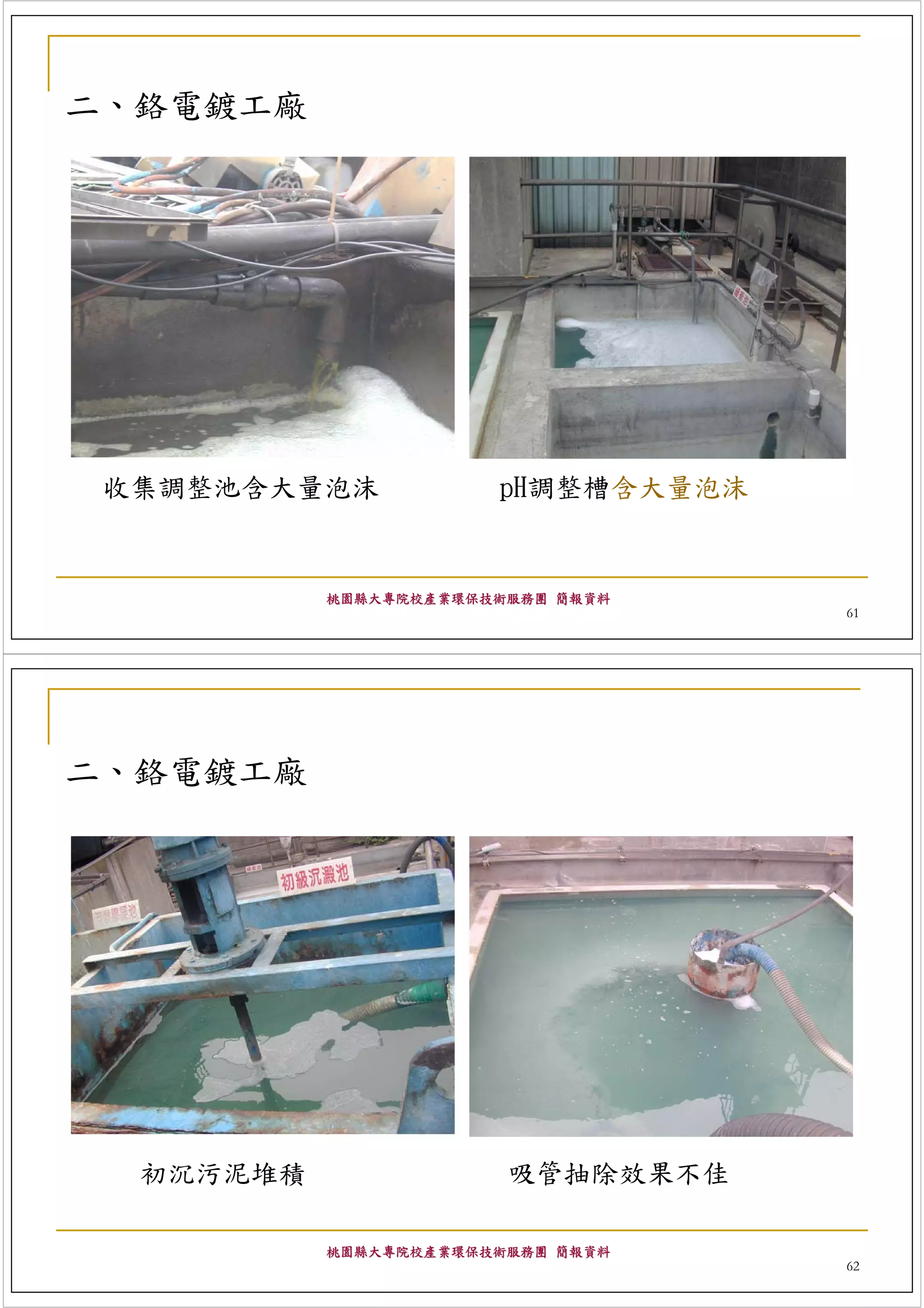 二、鉻電鍍工廠




 收集調整池含大量泡沫            pH調整槽含大量泡沫


           桃園縣大專院校產業環保技術服務團 簡報資料
                                    61




二、鉻電鍍工廠




  初沉污泥堆積                吸管抽除效果不佳

           桃園縣大專院校產業環保技術服務團 簡報資料
                                    62
 