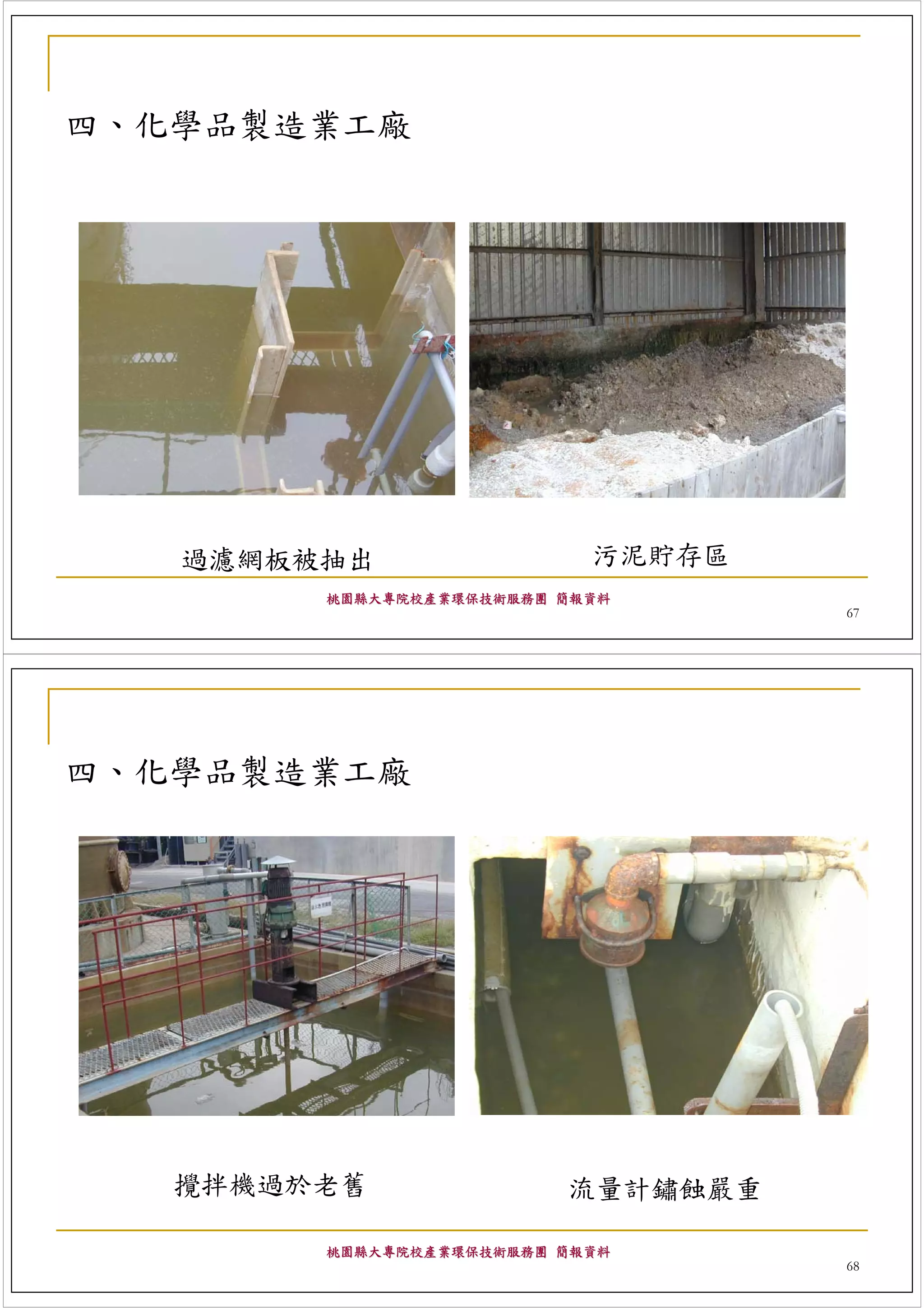 四、化學品製造業工廠




   過濾網板被抽出                 污泥貯存區
        桃園縣大專院校產業環保技術服務團 簡報資料
                                   67




四、化學品製造業工廠




   攪拌機過於老舊               流量計鏽蝕嚴重

        桃園縣大專院校產業環保技術服務團 簡報資料
                                   68
 
