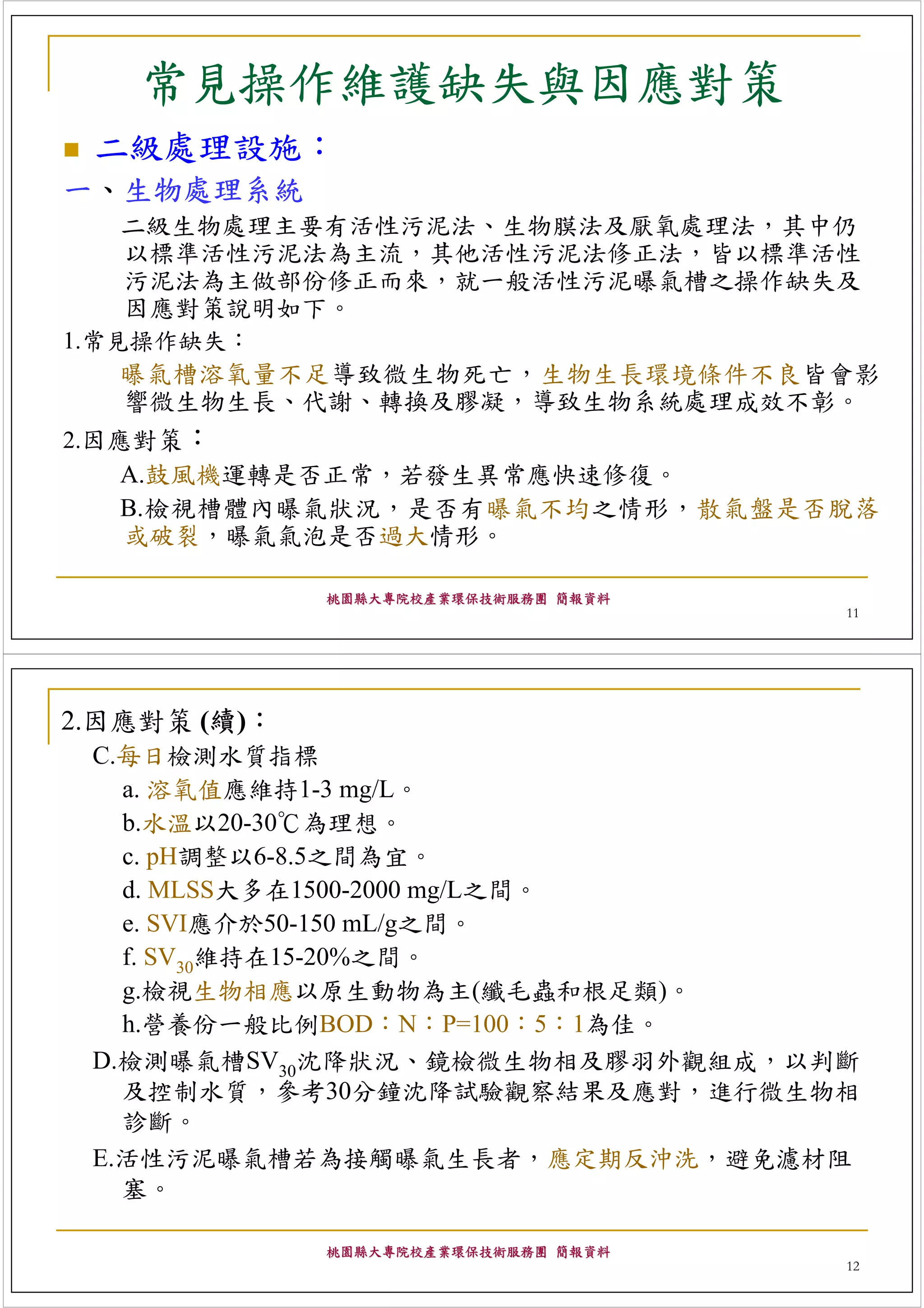 常見操作維護缺失與因應對策
 二級處理設施：
一、生物處理系統
    二級生物處理主要有活性污泥法、生物膜法及厭氧處理法，其中仍
    以標準活性污泥法為主流，其他活性污泥法修正法，皆以標準活性
    污泥法為主做部份修正而來，就一般活性污泥曝氣槽之操作缺失及
    因應對策說明如下。
1.常見操作缺失：
    曝氣槽溶氧量不足導致微生物死亡，生物生長環境條件不良皆會影
    響微生物生長、代謝、轉換及膠凝，導致生物系統處理成效不彰。
2.因應對策：
    A.鼓風機運轉是否正常，若發生異常應快速修復。
    B.檢視槽體內曝氣狀況，是否有曝氣不均之情形，散氣盤是否脫落
    或破裂，曝氣氣泡是否過大情形。

              桃園縣大專院校產業環保技術服務團 簡報資料
                                      11




2.因應對策 (續)：
 C.每日檢測水質指標
   a. 溶氧值應維持1-3 mg/L。
   b.水溫以20-30℃為理想。
   c. pH調整以6-8.5之間為宜。
   d. MLSS大多在1500-2000 mg/L之間。
   e. SVI應介於50-150 mL/g之間。
   f. SV30維持在15-20%之間。
   g.檢視生物相應以原生動物為主(纖毛蟲和根足類)。
   h.營養份一般比例BOD：N：P=100：5：1為佳。
 D.檢測曝氣槽SV30沈降狀況、鏡檢微生物相及膠羽外觀組成，以判斷
   及控制水質，參考30分鐘沈降試驗觀察結果及應對，進行微生物相
   診斷。
 E.活性污泥曝氣槽若為接觸曝氣生長者，應定期反沖洗，避免濾材阻
   塞。

              桃園縣大專院校產業環保技術服務團 簡報資料
                                      12
 