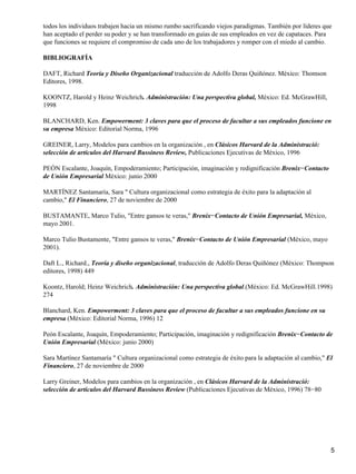 todos los individuos trabajen hacia un mismo rumbo sacrificando viejos paradigmas. También por líderes que
han aceptado el perder su poder y se han transformado en guías de sus empleados en vez de capataces. Para
que funciones se requiere el compromiso de cada uno de los trabajadores y romper con el miedo al cambio.

BIBLIOGRAFÍA

DAFT, Richard Teoría y Diseño Organizacional traducción de Adolfo Deras Quiñónez. México: Thomson
Editores, 1998.

KOONTZ, Harold y Heinz Weichrich. Administración: Una perspectiva global, México: Ed. McGrawHill,
1998

BLANCHARD, Ken. Empowerment: 3 claves para que el proceso de facultar a sus empleados funcione en
su empresa México: Editorial Norma, 1996

GREINER, Larry, Modelos para cambios en la organización , en Clásicos Harvard de la Administració:
selección de artículos del Harvard Bussiness Review, Publicaciones Ejecutivas de México, 1996

PEÓN Escalante, Joaquín, Empoderamiento; Participación, imaginación y redignificación Brenix−Contacto
de Unión Empresarial México: junio 2000

MARTÍNEZ Santamaría, Sara " Cultura organizacional como estrategia de éxito para la adaptación al
cambio," El Financiero, 27 de noviembre de 2000

BUSTAMANTE, Marco Tulio, "Entre gansos te veras," Brenix−Contacto de Unión Empresarial, México,
mayo 2001.

Marco Tulio Bustamente, "Entre gansos te veras," Brenix−Contacto de Unión Empresarial (México, mayo
2001).

Daft L., Richard., Teoría y diseño organizacional, traducción de Adolfo Deras Quiñónez (México: Thompson
editores, 1998) 449

Koontz, Harold; Heinz Weichrich. Administración: Una perspectiva global.(México: Ed. McGrawHill.1998)
274

Blanchard, Ken. Empowerment: 3 claves para que el proceso de facultar a sus empleados funcione en su
empresa (México: Editorial Norma, 1996) 12

Peón Escalante, Joaquín, Empoderamiento; Participación, imaginación y redignificación Brenix−Contacto de
Unión Empresarial (México: junio 2000)

Sara Martínez Santamaría " Cultura organizacional como estrategia de éxito para la adaptación al cambio," El
Financiero, 27 de noviembre de 2000

Larry Greiner, Modelos para cambios en la organización , en Clásicos Harvard de la Administració:
selección de artículos del Harvard Bussiness Review (Publicaciones Ejecutivas de México, 1996) 78−80




                                                                                                           5
 