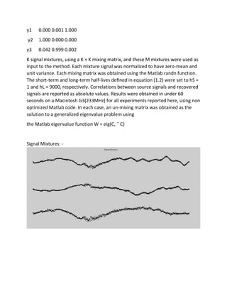 y1 0.000 0.001 1.000
y2 1.000 0.000 0.000
y3 0.042 0.999 0.002
K signal mixtures, using a K × K mixing matrix, and these M mixtures were used as
input to the method. Each mixture signal was normalized to have zero-mean and
unit variance. Each mixing matrix was obtained using the Matlab randn function.
The short-term and long-term half-lives deﬁned in equation (1.2) were set to hS =
1 and hL = 9000, respectively. Correlations between source signals and recovered
signals are reported as absolute values. Results were obtained in under 60
seconds on a Macintosh G3(233MHz) for all experiments reported here, using non
optimized Matlab code. In each case, an un-mixing matrix was obtained as the
solution to a generalized eigenvalue problem using
the Matlab eigenvalue function W = eig(C, ˜ C)
Signal Mixtures: -
 