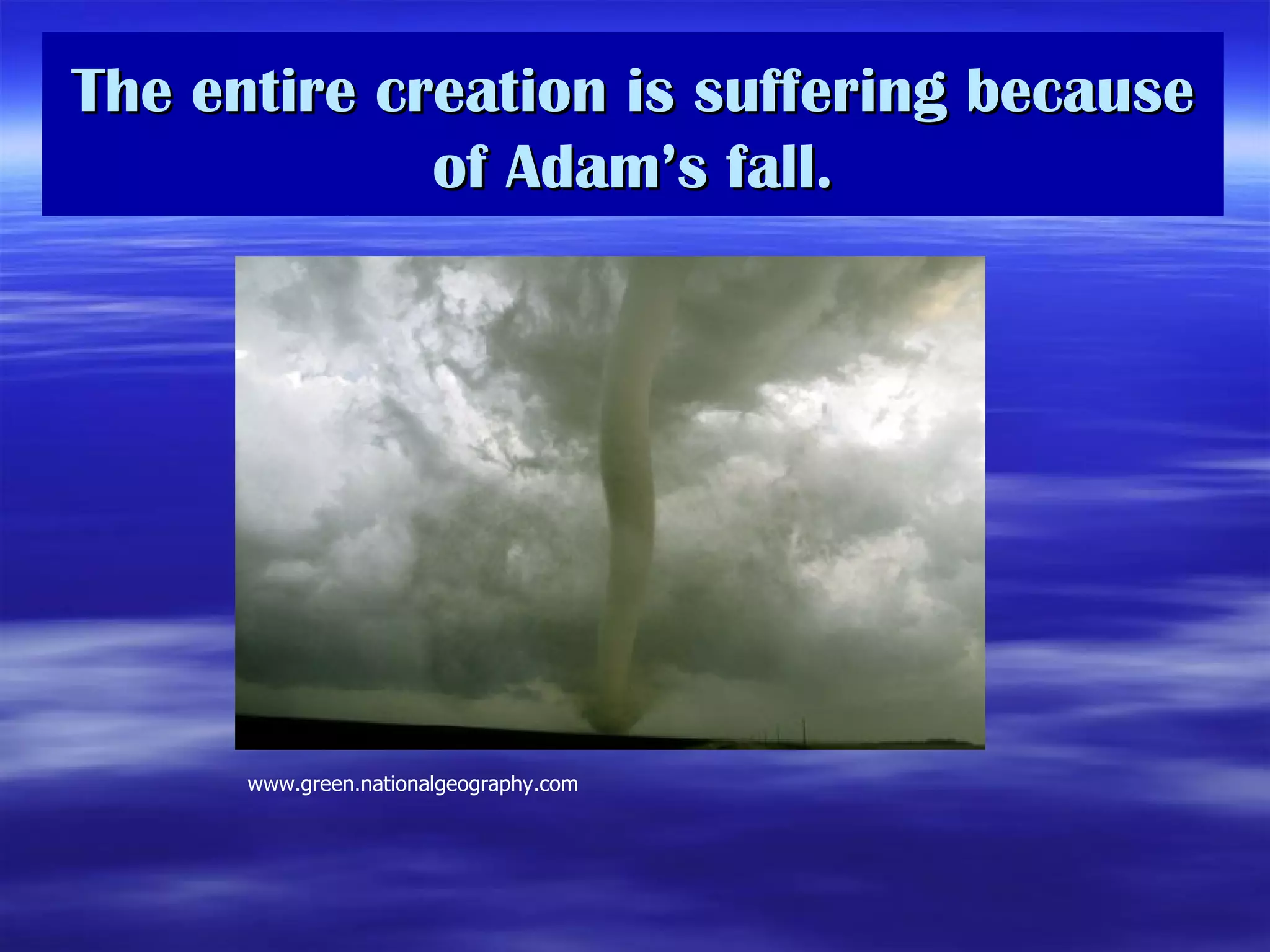 The entire creation is suffering because of Adam’s fall. www.green.nationalgeography.com 