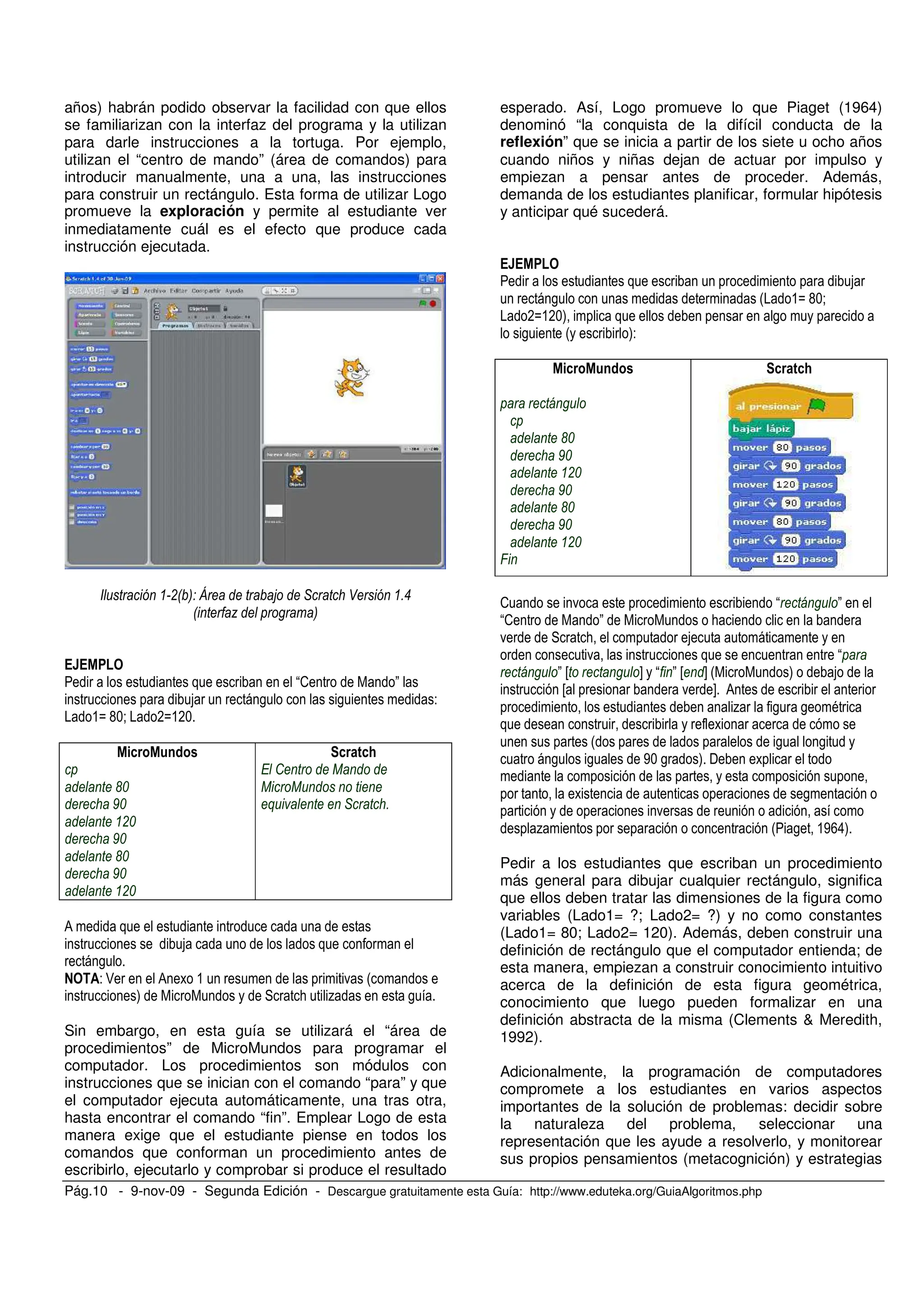 Pág.10 - 9-nov-09 - Segunda Edición - Descargue gratuitamente esta Guía: http://www.eduteka.org/GuiaAlgoritmos.php
años) habrán podido observar la facilidad con que ellos
se familiarizan con la interfaz del programa y la utilizan
para darle instrucciones a la tortuga. Por ejemplo,
utilizan el “centro de mando” (área de comandos) para
introducir manualmente, una a una, las instrucciones
para construir un rectángulo. Esta forma de utilizar Logo
promueve la exploración y permite al estudiante ver
inmediatamente cuál es el efecto que produce cada
instrucción ejecutada.
!0 3 4 5 * 8 )"
0 7 3
2 "
, , -
&B G+< *B&*+
'%
9%
!%
9%
'%
9%
!%
: 1
1 1
+ * )
0
,
- : 0 & . #
) ; % ,
Sin embargo, en esta guía se utilizará el “área de
procedimientos” de MicroMundos para programar el
computador. Los procedimientos son módulos con
instrucciones que se inician con el comando “para” y que
el computador ejecuta automáticamente, una tras otra,
hasta encontrar el comando “fin”. Emplear Logo de esta
manera exige que el estudiante piense en todos los
comandos que conforman un procedimiento antes de
escribirlo, ejecutarlo y comprobar si produce el resultado
esperado. Así, Logo promueve lo que Piaget (1964)
denominó “la conquista de la difícil conducta de la
reflexión” que se inicia a partir de los siete u ocho años
cuando niños y niñas dejan de actuar por impulso y
empiezan a pensar antes de proceder. Además,
demanda de los estudiantes planificar, formular hipótesis
y anticipar qué sucederá.
, # &B G+<
*B&*+) ,
, # )-
'%
9%
!%
9%
'%
9%
!%
;
2 . "
2 " ;
. ;
.
" H I " H I # )
H . I 0
% , , =
# , ,
, , '+ , ) $
,
.
% # , &'>8)
Pedir a los estudiantes que escriban un procedimiento
más general para dibujar cualquier rectángulo, significa
que ellos deben tratar las dimensiones de la figura como
variables (Lado1= ?; Lado2= ?) y no como constantes
(Lado1= 80; Lado2= 120). Además, deben construir una
definición de rectángulo que el computador entienda; de
esta manera, empiezan a construir conocimiento intuitivo
acerca de la definición de esta figura geométrica,
conocimiento que luego pueden formalizar en una
definición abstracta de la misma (Clements & Meredith,
1992).
Adicionalmente, la programación de computadores
compromete a los estudiantes en varios aspectos
importantes de la solución de problemas: decidir sobre
la naturaleza del problema, seleccionar una
representación que les ayude a resolverlo, y monitorear
sus propios pensamientos (metacognición) y estrategias
 