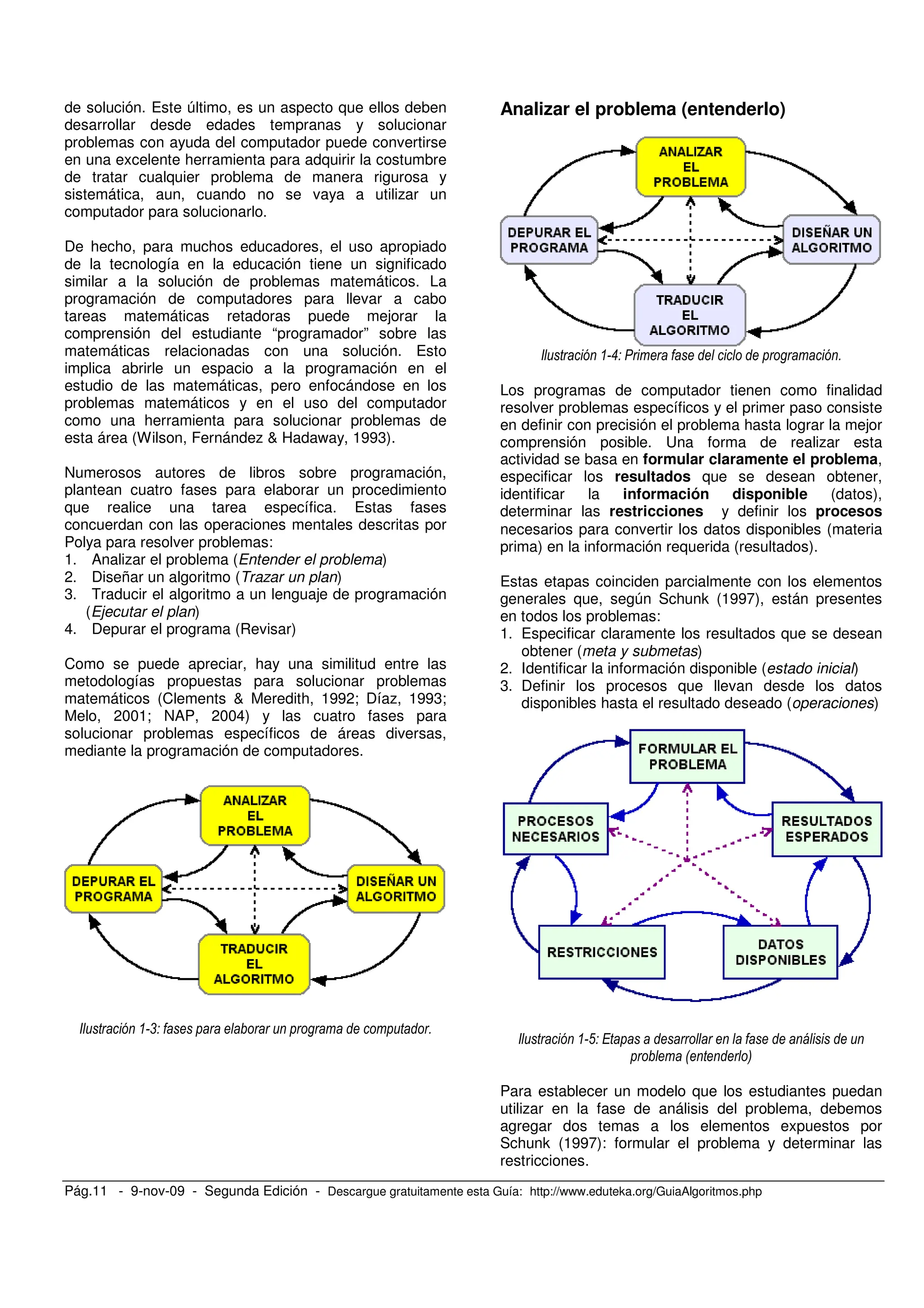 Pág.11 - 9-nov-09 - Segunda Edición - Descargue gratuitamente esta Guía: http://www.eduteka.org/GuiaAlgoritmos.php
de solución. Este último, es un aspecto que ellos deben
desarrollar desde edades tempranas y solucionar
problemas con ayuda del computador puede convertirse
en una excelente herramienta para adquirir la costumbre
de tratar cualquier problema de manera rigurosa y
sistemática, aun, cuando no se vaya a utilizar un
computador para solucionarlo.
De hecho, para muchos educadores, el uso apropiado
de la tecnología en la educación tiene un significado
similar a la solución de problemas matemáticos. La
programación de computadores para llevar a cabo
tareas matemáticas retadoras puede mejorar la
comprensión del estudiante “programador” sobre las
matemáticas relacionadas con una solución. Esto
implica abrirle un espacio a la programación en el
estudio de las matemáticas, pero enfocándose en los
problemas matemáticos y en el uso del computador
como una herramienta para solucionar problemas de
esta área (Wilson, Fernández & Hadaway, 1993).
Numerosos autores de libros sobre programación,
plantean cuatro fases para elaborar un procedimiento
que realice una tarea específica. Estas fases
concuerdan con las operaciones mentales descritas por
Polya para resolver problemas:
1. Analizar el problema (Entender el problema)
2. Diseñar un algoritmo (Trazar un plan)
3. Traducir el algoritmo a un lenguaje de programación
(Ejecutar el plan)
4. Depurar el programa (Revisar)
Como se puede apreciar, hay una similitud entre las
metodologías propuestas para solucionar problemas
matemáticos (Clements & Meredith, 1992; Díaz, 1993;
Melo, 2001; NAP, 2004) y las cuatro fases para
solucionar problemas específicos de áreas diversas,
mediante la programación de computadores.
, )
Analizar el problema (entenderlo)
" )
Los programas de computador tienen como finalidad
resolver problemas específicos y el primer paso consiste
en definir con precisión el problema hasta lograr la mejor
comprensión posible. Una forma de realizar esta
actividad se basa en formular claramente el problema,
especificar los resultados que se desean obtener,
identificar la información disponible (datos),
determinar las restricciones y definir los procesos
necesarios para convertir los datos disponibles (materia
prima) en la información requerida (resultados).
Estas etapas coinciden parcialmente con los elementos
generales que, según Schunk (1997), están presentes
en todos los problemas:
1. Especificar claramente los resultados que se desean
obtener (meta y submetas)
2. Identificar la información disponible (estado inicial)
3. Definir los procesos que llevan desde los datos
disponibles hasta el resultado deseado (operaciones)
(
0 3
Para establecer un modelo que los estudiantes puedan
utilizar en la fase de análisis del problema, debemos
agregar dos temas a los elementos expuestos por
Schunk (1997): formular el problema y determinar las
restricciones.
 