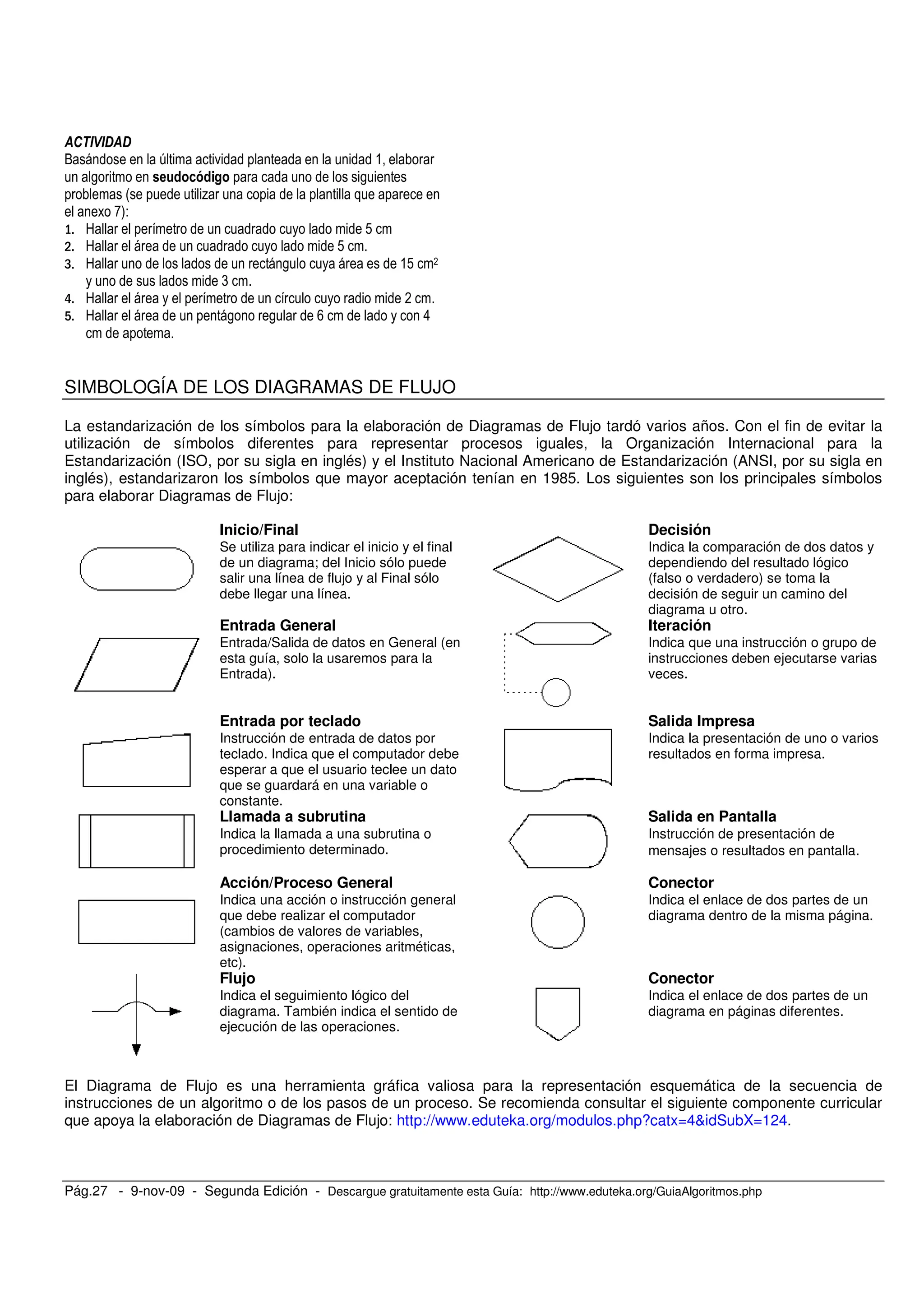 Pág.27 - 9-nov-09 - Segunda Edición - Descargue gratuitamente esta Guía: http://www.eduteka.org/GuiaAlgoritmos.php
O 6 . &
, . / ,
# %
C)-
9 !
9 !
9 , &! *
(
9 *
9 , , > 8
SIMBOLOGÍA DE LOS DIAGRAMAS DE FLUJO
La estandarización de los símbolos para la elaboración de Diagramas de Flujo tardó varios años. Con el fin de evitar la
utilización de símbolos diferentes para representar procesos iguales, la Organización Internacional para la
Estandarización (ISO, por su sigla en inglés) y el Instituto Nacional Americano de Estandarización (ANSI, por su sigla en
inglés), estandarizaron los símbolos que mayor aceptación tenían en 1985. Los siguientes son los principales símbolos
para elaborar Diagramas de Flujo:
Inicio/Final
Se utiliza para indicar el inicio y el final
de un diagrama; del Inicio sólo puede
salir una línea de flujo y al Final sólo
debe llegar una línea.
Decisión
Indica la comparación de dos datos y
dependiendo del resultado lógico
(falso o verdadero) se toma la
decisión de seguir un camino del
diagrama u otro.
Entrada General
Entrada/Salida de datos en General (en
esta guía, solo la usaremos para la
Entrada).
Iteración
Indica que una instrucción o grupo de
instrucciones deben ejecutarse varias
veces.
Entrada por teclado
Instrucción de entrada de datos por
teclado. Indica que el computador debe
esperar a que el usuario teclee un dato
que se guardará en una variable o
constante.
Salida Impresa
Indica la presentación de uno o varios
resultados en forma impresa.
Llamada a subrutina
Indica la llamada a una subrutina o
procedimiento determinado.
Salida en Pantalla
Instrucción de presentación de
mensajes o resultados en pantalla.
Acción/Proceso General
Indica una acción o instrucción general
que debe realizar el computador
(cambios de valores de variables,
asignaciones, operaciones aritméticas,
etc).
Conector
Indica el enlace de dos partes de un
diagrama dentro de la misma página.
Flujo
Indica el seguimiento lógico del
diagrama. También indica el sentido de
ejecución de las operaciones.
Conector
Indica el enlace de dos partes de un
diagrama en páginas diferentes.
El Diagrama de Flujo es una herramienta gráfica valiosa para la representación esquemática de la secuencia de
instrucciones de un algoritmo o de los pasos de un proceso. Se recomienda consultar el siguiente componente curricular
que apoya la elaboración de Diagramas de Flujo: http://www.eduteka.org/modulos.php?catx=4&idSubX=124.
 