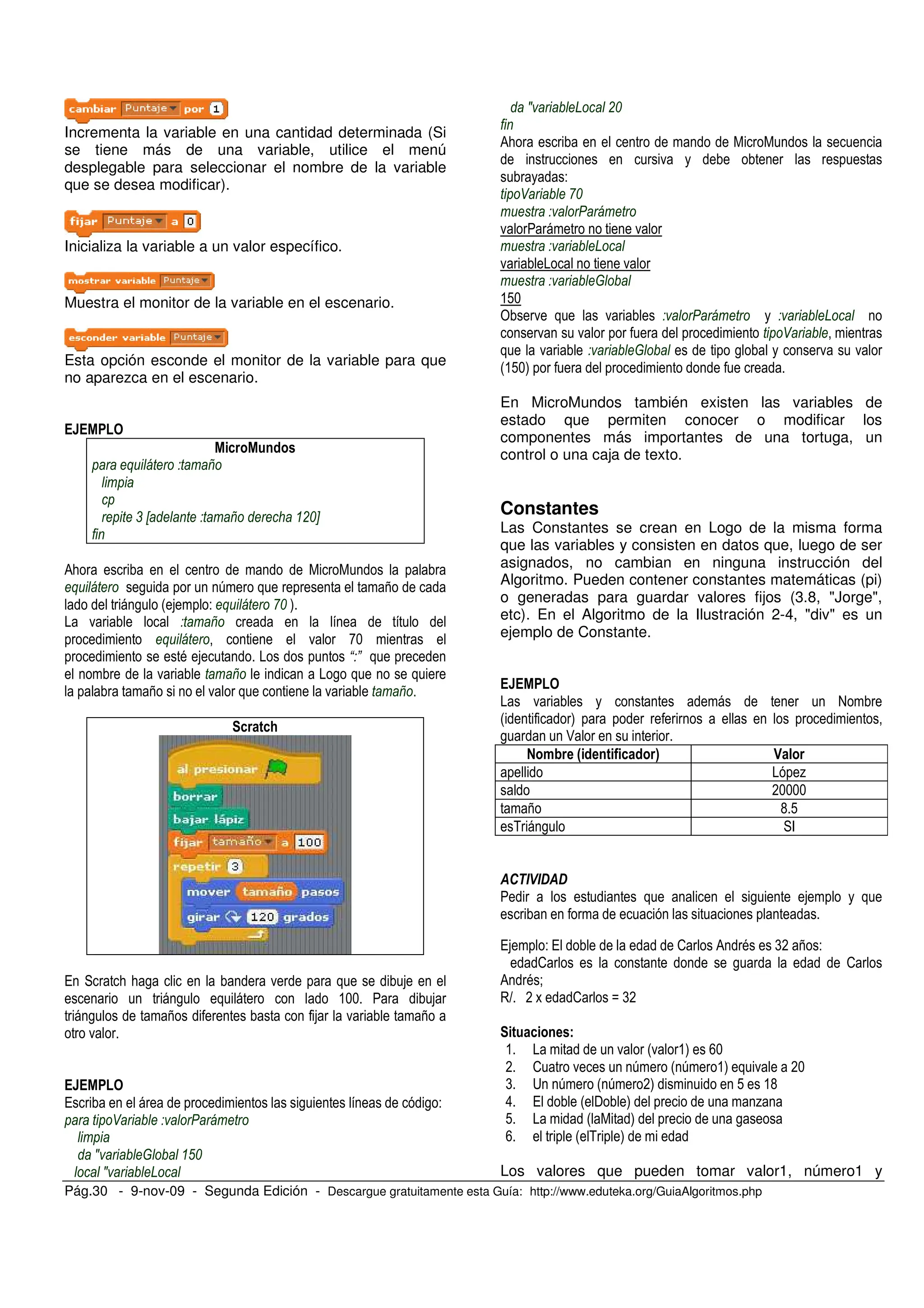 Pág.30 - 9-nov-09 - Segunda Edición - Descargue gratuitamente esta Guía: http://www.eduteka.org/GuiaAlgoritmos.php
Incrementa la variable en una cantidad determinada (Si
se tiene más de una variable, utilice el menú
desplegable para seleccionar el nombre de la variable
que se desea modificar).
Inicializa la variable a un valor específico.
Muestra el monitor de la variable en el escenario.
Esta opción esconde el monitor de la variable para que
no aparezca en el escenario.
+ =
, X = !%Y
0;
+ , 6 7
, # - + -% )
. =
+ . C+
= B C
. = ,
7 . . =
/ ; ; , .
, &++
, 7 . 7
.
/ , , -
8
J (%
J D
J D !%
0;
.
-
8 -%
. .
D
. .
&!+
4 . . D
. . 8
. , . .
#&!+)
En MicroMundos también existen las variables de
estado que permiten conocer o modificar los
componentes más importantes de una tortuga, un
control o una caja de texto.
Constantes
Las Constantes se crean en Logo de la misma forma
que las variables y consisten en datos que, luego de ser
asignados, no cambian en ninguna instrucción del
Algoritmo. Pueden contener constantes matemáticas (pi)
o generadas para guardar valores fijos (3.8, "Jorge",
etc). En el Algoritmo de la Ilustración 2-4, "div" es un
ejemplo de Constante.
. @
# )
, :
, 0 - 2
%
*++++
7 G !
5 , F
,
/ - / 2 0 = (* 7 -
2 , 2
0 = <
R * 2 B (*
& . #. &) >+
* 2 . 6 # 6 &) . *+
( A 6 # 6 *) ! &G
8 / # $ ) %
! # ) ,
> # 5 )
Los valores que pueden tomar valor1, número1 y
 