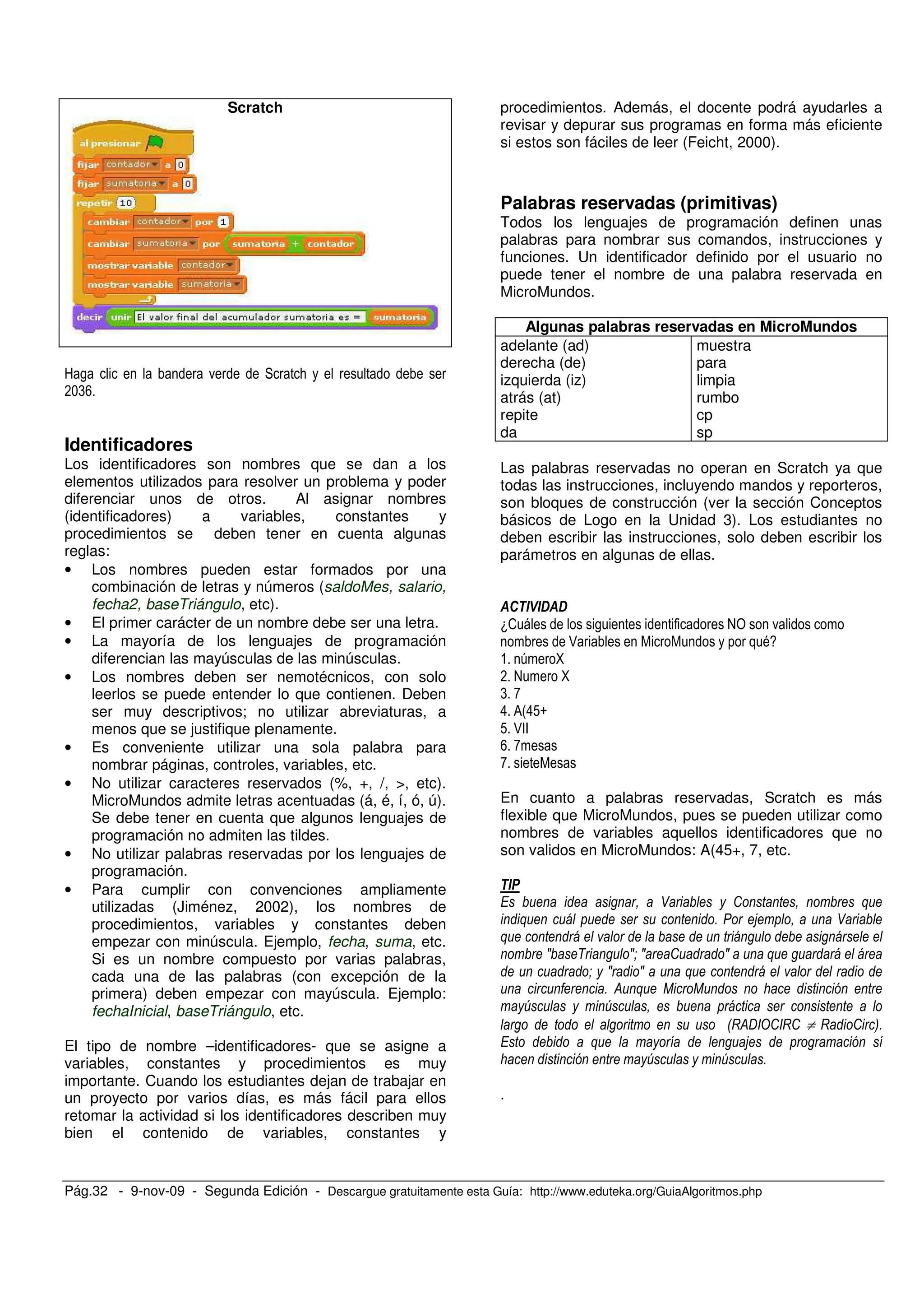 Pág.32 - 9-nov-09 - Segunda Edición - Descargue gratuitamente esta Guía: http://www.eduteka.org/GuiaAlgoritmos.php
Scratch
9 , . ;
*+(>
Identificadores
Los identificadores son nombres que se dan a los
elementos utilizados para resolver un problema y poder
diferenciar unos de otros. Al asignar nombres
(identificadores) a variables, constantes y
procedimientos se deben tener en cuenta algunas
reglas:
• Los nombres pueden estar formados por una
combinación de letras y números (saldoMes, salario,
fecha2, baseTriángulo, etc).
• El primer carácter de un nombre debe ser una letra.
• La mayoría de los lenguajes de programación
diferencian las mayúsculas de las minúsculas.
• Los nombres deben ser nemotécnicos, con solo
leerlos se puede entender lo que contienen. Deben
ser muy descriptivos; no utilizar abreviaturas, a
menos que se justifique plenamente.
• Es conveniente utilizar una sola palabra para
nombrar páginas, controles, variables, etc.
• No utilizar caracteres reservados (%, +, /, >, etc).
MicroMundos admite letras acentuadas (á, é, í, ó, ú).
Se debe tener en cuenta que algunos lenguajes de
programación no admiten las tildes.
• No utilizar palabras reservadas por los lenguajes de
programación.
• Para cumplir con convenciones ampliamente
utilizadas (Jiménez, 2002), los nombres de
procedimientos, variables y constantes deben
empezar con minúscula. Ejemplo, fecha, suma, etc.
Si es un nombre compuesto por varias palabras,
cada una de las palabras (con excepción de la
primera) deben empezar con mayúscula. Ejemplo:
fechaInicial, baseTriángulo, etc.
El tipo de nombre –identificadores- que se asigne a
variables, constantes y procedimientos es muy
importante. Cuando los estudiantes dejan de trabajar en
un proyecto por varios días, es más fácil para ellos
retomar la actividad si los identificadores describen muy
bien el contenido de variables, constantes y
procedimientos. Además, el docente podrá ayudarles a
revisar y depurar sus programas en forma más eficiente
si estos son fáciles de leer (Feicht, 2000).
Palabras reservadas (primitivas)
Todos los lenguajes de programación definen unas
palabras para nombrar sus comandos, instrucciones y
funciones. Un identificador definido por el usuario no
puede tener el nombre de una palabra reservada en
MicroMundos.
Algunas palabras reservadas en MicroMundos
adelante (ad)
derecha (de)
izquierda (iz)
atrás (at)
repite
da
muestra
para
limpia
rumbo
cp
sp
Las palabras reservadas no operan en Scratch ya que
todas las instrucciones, incluyendo mandos y reporteros,
son bloques de construcción (ver la sección Conceptos
básicos de Logo en la Unidad 3). Los estudiantes no
deben escribir las instrucciones, solo deben escribir los
parámetros en algunas de ellas.
12 , @4 .
: =3
& 6 U
* @ U
( C
8 0#8!D
! :FF
> C
C
En cuanto a palabras reservadas, Scratch es más
flexible que MicroMundos, pues se pueden utilizar como
nombres de variables aquellos identificadores que no
son validos en MicroMundos: A(45+, 7, etc.
8 : +
+ ) 5 8
+
J P J# J : J +
# J J +
) & + 1 1
W W
0I&A T: I: ≠ I : 3)
+ 5
W W )
.
 