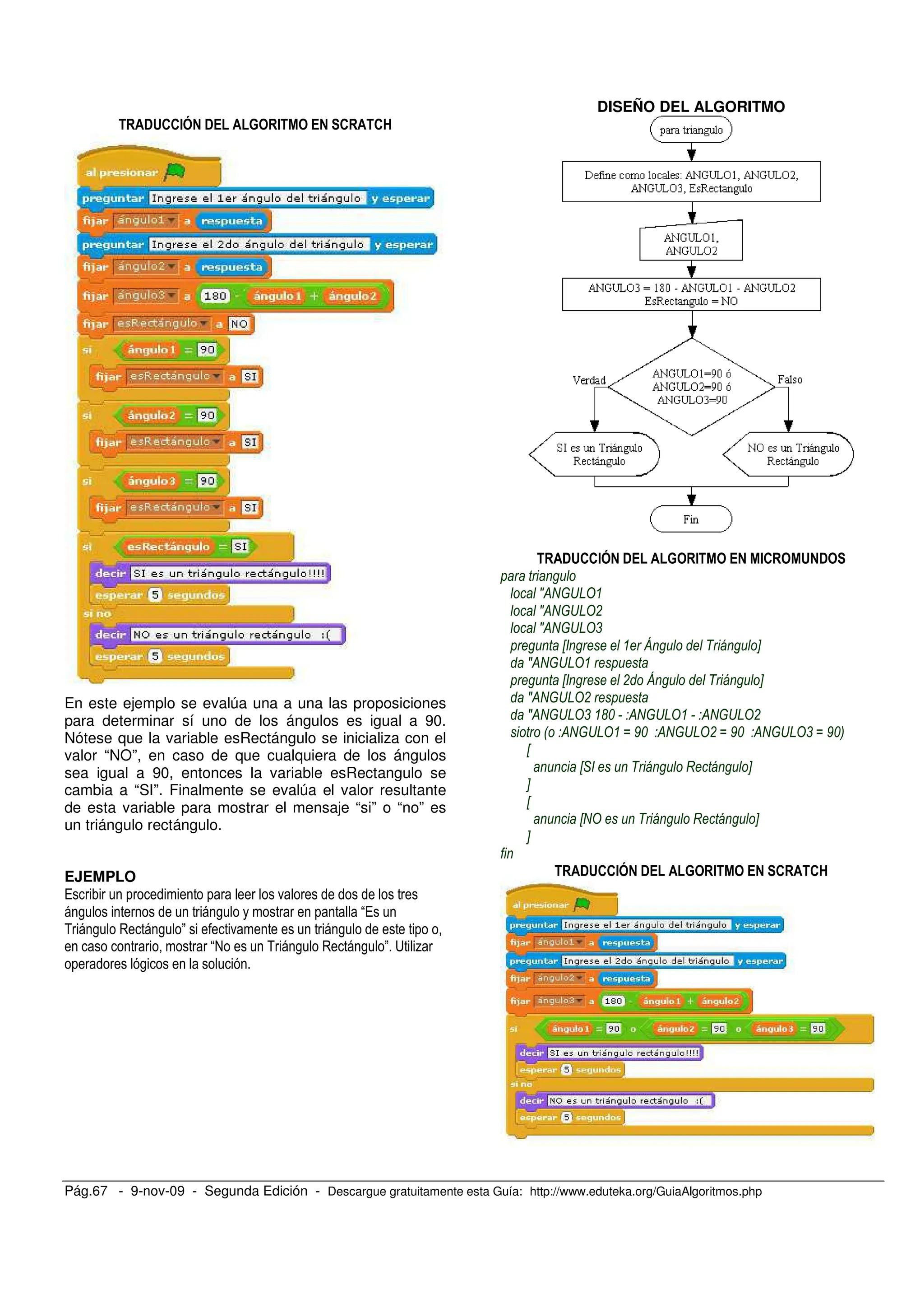 Pág.67 - 9-nov-09 - Segunda Edición - Descargue gratuitamente esta Guía: http://www.eduteka.org/GuiaAlgoritmos.php
!&''#( ! % # ' '@
En este ejemplo se evalúa una a una las proposiciones
para determinar sí uno de los ángulos es igual a 90.
Nótese que la variable esRectángulo se inicializa con el
valor “NO”, en caso de que cualquiera de los ángulos
sea igual a 90, entonces la variable esRectangulo se
cambia a “SI”. Finalmente se evalúa el valor resultante
de esta variable para mostrar el mensaje “si” o “no” es
un triángulo rectángulo.
EJEMPLO
/ .
, , /
5 , , " . ,
@ 5 , , " A %
,
DISEÑO DEL ALGORITMO
!&''#( ! % # #' & !
J&R SDT
J&R SDT!
J&R SDT,
X 4 P Y
J&R SDT
X ! 4 P Y
J&R SDT!
J&R SDT, '% &R SDT &R SDT!
0 &R SDT M 9% &R SDT! M 9% &R SDT, M 9%3
X
X* P I Y
Y
X
XRT P I Y
Y
!&''#( ! % # ' '@
 