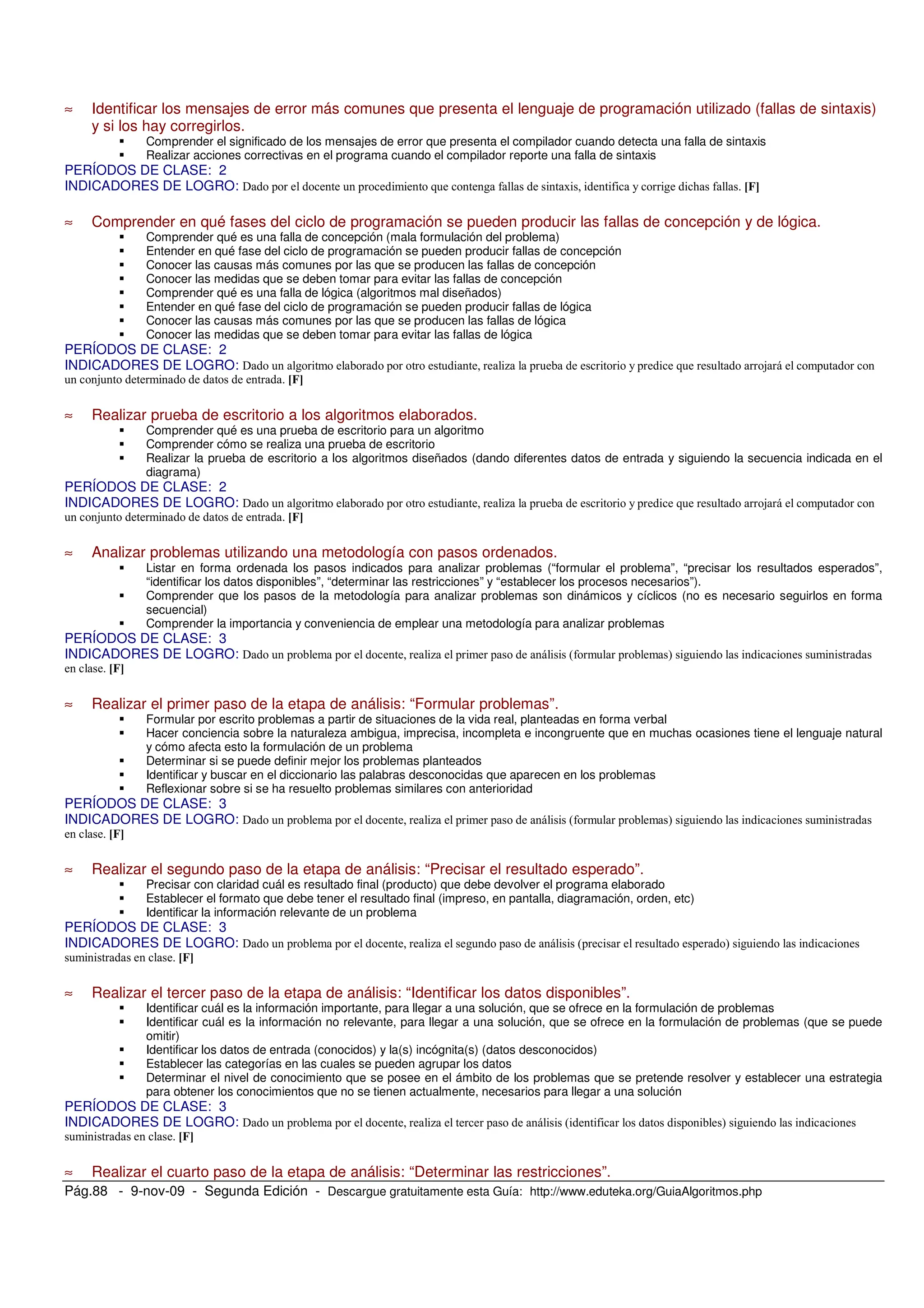 Pág.88 - 9-nov-09 - Segunda Edición - Descargue gratuitamente esta Guía: http://www.eduteka.org/GuiaAlgoritmos.php
≈ Identificar los mensajes de error más comunes que presenta el lenguaje de programación utilizado (fallas de sintaxis)
y si los hay corregirlos.
Comprender el significado de los mensajes de error que presenta el compilador cuando detecta una falla de sintaxis
Realizar acciones correctivas en el programa cuando el compilador reporte una falla de sintaxis
PERÍODOS DE CLASE: 2
INDICADORES DE LOGRO: ! #
≈ Comprender en qué fases del ciclo de programación se pueden producir las fallas de concepción y de lógica.
Comprender qué es una falla de concepción (mala formulación del problema)
Entender en qué fase del ciclo de programación se pueden producir fallas de concepción
Conocer las causas más comunes por las que se producen las fallas de concepción
Conocer las medidas que se deben tomar para evitar las fallas de concepción
Comprender qué es una falla de lógica (algoritmos mal diseñados)
Entender en qué fase del ciclo de programación se pueden producir fallas de lógica
Conocer las causas más comunes por las que se producen las fallas de lógica
Conocer las medidas que se deben tomar para evitar las fallas de lógica
PERÍODOS DE CLASE: 2
INDICADORES DE LOGRO: ! ' $
$
≈ Realizar prueba de escritorio a los algoritmos elaborados.
Comprender qué es una prueba de escritorio para un algoritmo
Comprender cómo se realiza una prueba de escritorio
Realizar la prueba de escritorio a los algoritmos diseñados (dando diferentes datos de entrada y siguiendo la secuencia indicada en el
diagrama)
PERÍODOS DE CLASE: 2
INDICADORES DE LOGRO: ! ' $
$
≈ Analizar problemas utilizando una metodología con pasos ordenados.
Listar en forma ordenada los pasos indicados para analizar problemas (“formular el problema”, “precisar los resultados esperados”,
“identificar los datos disponibles”, “determinar las restricciones” y “establecer los procesos necesarios”).
Comprender que los pasos de la metodología para analizar problemas son dinámicos y cíclicos (no es necesario seguirlos en forma
secuencial)
Comprender la importancia y conveniencia de emplear una metodología para analizar problemas
PERÍODOS DE CLASE: 3
INDICADORES DE LOGRO: ! ' " %
≈ Realizar el primer paso de la etapa de análisis: “Formular problemas”.
Formular por escrito problemas a partir de situaciones de la vida real, planteadas en forma verbal
Hacer conciencia sobre la naturaleza ambigua, imprecisa, incompleta e incongruente que en muchas ocasiones tiene el lenguaje natural
y cómo afecta esto la formulación de un problema
Determinar si se puede definir mejor los problemas planteados
Identificar y buscar en el diccionario las palabras desconocidas que aparecen en los problemas
Reflexionar sobre si se ha resuelto problemas similares con anterioridad
PERÍODOS DE CLASE: 3
INDICADORES DE LOGRO: ! ' " %
≈ Realizar el segundo paso de la etapa de análisis: “Precisar el resultado esperado”.
Precisar con claridad cuál es resultado final (producto) que debe devolver el programa elaborado
Establecer el formato que debe tener el resultado final (impreso, en pantalla, diagramación, orden, etc)
Identificar la información relevante de un problema
PERÍODOS DE CLASE: 3
INDICADORES DE LOGRO: ! ' " %
≈ Realizar el tercer paso de la etapa de análisis: “Identificar los datos disponibles”.
Identificar cuál es la información importante, para llegar a una solución, que se ofrece en la formulación de problemas
Identificar cuál es la información no relevante, para llegar a una solución, que se ofrece en la formulación de problemas (que se puede
omitir)
Identificar los datos de entrada (conocidos) y la(s) incógnita(s) (datos desconocidos)
Establecer las categorías en las cuales se pueden agrupar los datos
Determinar el nivel de conocimiento que se posee en el ámbito de los problemas que se pretende resolver y establecer una estrategia
para obtener los conocimientos que no se tienen actualmente, necesarios para llegar a una solución
PERÍODOS DE CLASE: 3
INDICADORES DE LOGRO: ! ' " %
≈ Realizar el cuarto paso de la etapa de análisis: “Determinar las restricciones”.
 