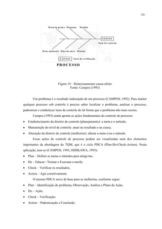 126



                     M a téria -p rim a M á q u in a   M ed id a




                                                                               E F E IT O

                                                                           Item d e co n tro le


               M eio a m b ien te M ã o -d e-o b ra M éto d o


                                 CAUSAS         Iten s d e verifica çã o


                              PR O C ESSO




                               Figura 19 – Relacionamento causa-efeito
                                        Fonte: Campos (1993)


       Um problema é o resultado indesejado de um processo (CAMPOS, 1992). Para manter
qualquer processo sob controle é preciso saber localizar o problema, analisar o processo,
padronizar e estabelecer itens de controle de tal forma que o problema não mais ocorra.
       Campos (1993) ainda aponta as ações fundamentais do controle de processo:
•   Estabelecimento da diretriz de controle (planejamento): a meta e o método;
•   Manutenção do nível de controle: atuar no resultado e na causa;
•   Alteração da diretriz de controle (melhorias): alterar a meta e/ou o método.
       Essas ações de controle de processo podem ser visualizadas num dos elementos
importantes da abordagem do TQM, que é o ciclo PDCA (Plan-Do-Check-Action). Nesta
aplicação, tem-se (CAMPOS, 1993; ISHIKAWA, 1993):
•   Plan – Definir as metas e métodos para atingi-las;
•   Do – Educar / Treinar e Executar a tarefa;
•   Check – Verificar os resultados;
•   Action – Agir corretivamente.
       O mesmo PDCA serve de base para as melhorias, conforme segue:
•   Plan – Identificação do problema, Observação, Análise e Plano de Ação;
•   Do – Ação;
•   Check – Verificação;
•   Action – Padronização e Conclusão.
 