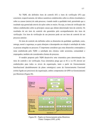 127


       No TQM, são definidos itens de controle (IC) e itens de verificação (IV) que
consistem, respectivamente, de índices numéricos estabelecidos sobre os efeitos (resultados) e
sobre as causas (meios) de cada processo, visando medir a qualidade total, permitindo que o
resultado seja gerenciado através de ações sobre os meios. Ou seja, os itens de verificação são
índices estabelecidos sobre as principais causas que afetam determinado item de controle. Os
resultados de um item de controle são garantidos pelo acompanhamento dos itens de
verificação. Um item de verificação de um processo pode ser um item de controle de um
processo anterior.
       Os itens de controle são definidos sobre as dimensões da qualidade: qualidade, custo,
entrega, moral e segurança, as quais almejam o desempenho em relação à satisfação de todas
as pessoas atingidas no processo. É importante considerar que estas dimensões contemplam a
meta estabelecida pelo TQM: a satisfação dos clientes; onde acionistas, comunidade e
empregados, também são considerados clientes do processo.
       O modelo proposto pelo TQM desenvolve uma sistemática para determinação dos
itens de controle e de verificação. Essa sistemática prega que os ICs e os IVs devem ser
estabelecidos para todos os níveis da organização, tanto a partir do Gerenciamento
Interfuncional (desdobramento do plano estratégico) como do Gerenciamento Funcional
(rotina ligada aos processos) da organização, ambos componentes do GPD ou Gerenciamento
por Diretrizes (Figura 20).




                     Figura 20 – Papéis no Gerenciamento pelas Diretrizes
                                  Fonte: Campos (1993, p.44)
 