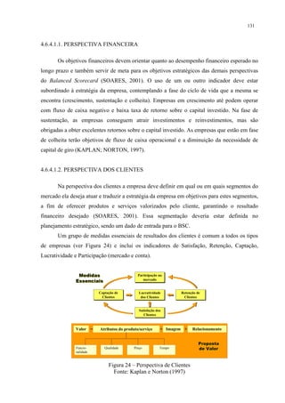 131


4.6.4.1.1. PERSPECTIVA FINANCEIRA

       Os objetivos financeiros devem orientar quanto ao desempenho financeiro esperado no
longo prazo e também servir de meta para os objetivos estratégicos das demais perspectivas
do Balanced Scorecard (SOARES, 2001). O uso de um ou outro indicador deve estar
subordinado à estratégia da empresa, contemplando a fase do ciclo de vida que a mesma se
encontra (crescimento, sustentação e colheita). Empresas em crescimento até podem operar
com fluxo de caixa negativo e baixa taxa de retorno sobre o capital investido. Na fase de
sustentação, as empresas conseguem atrair investimentos e reinvestimentos, mas são
obrigadas a obter excelentes retornos sobre o capital investido. As empresas que estão em fase
de colheita terão objetivos de fluxo de caixa operacional e a diminuição da necessidade de
capital de giro (KAPLAN; NORTON, 1997).


4.6.4.1.2. PERSPECTIVA DOS CLIENTES

       Na perspectiva dos clientes a empresa deve definir em qual ou em quais segmentos do
mercado ela deseja atuar e traduzir a estratégia da empresa em objetivos para estes segmentos,
a fim de oferecer produtos e serviços valorizados pelo cliente, garantindo o resultado
financeiro desejado (SOARES, 2001). Essa segmentação deveria estar definida no
planejamento estratégico, sendo um dado de entrada para o BSC.
       Um grupo de medidas essenciais de resultados dos clientes é comum a todos os tipos
de empresas (ver Figura 24) e inclui os indicadores de Satisfação, Retenção, Captação,
Lucratividade e Participação (mercado e conta).


                Medidas                       Participação no
                                              Participação no
               Essenciais                        mercado
                                                 mercado


                          Captação de
                          Captação de          Lucratividade
                                               Lucratividade        Retenção de
                                                                    Retenção de
                           Clientes
                            Clientes            dos Clientes
                                                dos Clientes         Clientes
                                                                      Clientes


                                               Satisfação dos
                                               Satisfação dos
                                                  Clientes
                                                  Clientes


               Valor =    Atributos do produto/serviço      + Imagem +    Relacionamento


                                                                             Proposta
               Funcio-       Qualidade      Preço           Tempo            de Valor
               nalidade



                               Figura 24 – Perspectiva de Clientes
                                 Fonte: Kaplan e Norton (1997)
 