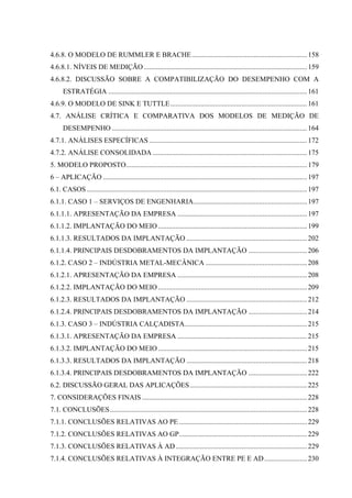 4.6.8. O MODELO DE RUMMLER E BRACHE ................................................................. 158
4.6.8.1. NÍVEIS DE MEDIÇÃO ............................................................................................ 159
4.6.8.2. DISCUSSÃO SOBRE A COMPATIBILIZAÇÃO DO DESEMPENHO COM A
      ESTRATÉGIA ................................................................................................................ 161
4.6.9. O MODELO DE SINK E TUTTLE ............................................................................. 161
4.7. ANÁLISE CRÍTICA E COMPARATIVA DOS MODELOS DE MEDIÇÃO DE
      DESEMPENHO .............................................................................................................. 164
4.7.1. ANÁLISES ESPECÍFICAS ......................................................................................... 172
4.7.2. ANÁLISE CONSOLIDADA ....................................................................................... 175
5. MODELO PROPOSTO...................................................................................................... 179
6 – APLICAÇÃO ................................................................................................................... 197
6.1. CASOS ............................................................................................................................ 197
6.1.1. CASO 1 – SERVIÇOS DE ENGENHARIA................................................................ 197
6.1.1.1. APRESENTAÇÃO DA EMPRESA ......................................................................... 197
6.1.1.2. IMPLANTAÇÃO DO MEIO .................................................................................... 199
6.1.1.3. RESULTADOS DA IMPLANTAÇÃO .................................................................... 202
6.1.1.4. PRINCIPAIS DESDOBRAMENTOS DA IMPLANTAÇÃO ................................. 206
6.1.2. CASO 2 – INDÚSTRIA METAL-MECÂNICA ......................................................... 208
6.1.2.1. APRESENTAÇÃO DA EMPRESA ......................................................................... 208
6.1.2.2. IMPLANTAÇÃO DO MEIO .................................................................................... 209
6.1.2.3. RESULTADOS DA IMPLANTAÇÃO .................................................................... 212
6.1.2.4. PRINCIPAIS DESDOBRAMENTOS DA IMPLANTAÇÃO ................................. 214
6.1.3. CASO 3 – INDÚSTRIA CALÇADISTA..................................................................... 215
6.1.3.1. APRESENTAÇÃO DA EMPRESA ......................................................................... 215
6.1.3.2. IMPLANTAÇÃO DO MEIO .................................................................................... 215
6.1.3.3. RESULTADOS DA IMPLANTAÇÃO .................................................................... 218
6.1.3.4. PRINCIPAIS DESDOBRAMENTOS DA IMPLANTAÇÃO ................................. 222
6.2. DISCUSSÃO GERAL DAS APLICAÇÕES .................................................................. 225
7. CONSIDERAÇÕES FINAIS ............................................................................................. 228
7.1. CONCLUSÕES ............................................................................................................... 228
7.1.1. CONCLUSÕES RELATIVAS AO PE ........................................................................ 229
7.1.2. CONCLUSÕES RELATIVAS AO GP........................................................................ 229
7.1.3. CONCLUSÕES RELATIVAS À AD .......................................................................... 229
7.1.4. CONCLUSÕES RELATIVAS À INTEGRAÇÃO ENTRE PE E AD ........................ 230
 