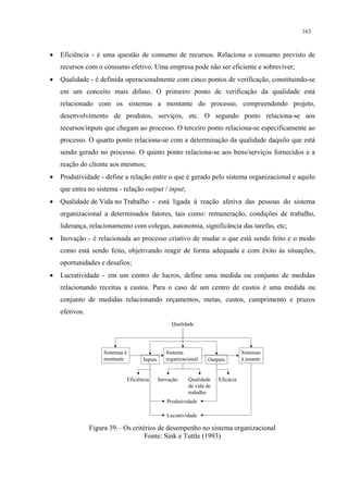 163



•   Eficiência - é uma questão de consumo de recursos. Relaciona o consumo previsto de
    recursos com o consumo efetivo. Uma empresa pode não ser eficiente e sobreviver;
•   Qualidade - é definida operacionalmente com cinco pontos de verificação, constituindo-se
    em um conceito mais difuso. O primeiro ponto de verificação da qualidade está
    relacionado com os sistemas a montante do processo, compreendendo projeto,
    desenvolvimento de produtos, serviços, etc. O segundo ponto relaciona-se aos
    recursos/inputs que chegam ao processo. O terceiro ponto relaciona-se especificamente ao
    processo. O quarto ponto relaciona-se com a determinação da qualidade daquilo que está
    sendo gerado no processo. O quinto ponto relaciona-se aos bens/serviços fornecidos e a
    reação do cliente aos mesmos;
•   Produtividade - define a relação entre o que é gerado pelo sistema organizacional e aquilo
    que entra no sistema - relação output / input;
•   Qualidade de Vida no Trabalho - está ligada à reação afetiva das pessoas do sistema
    organizacional a determinados fatores, tais como: remuneração, condições de trabalho,
    liderança, relacionamento com colegas, autonomia, significância das tarefas, etc;
•   Inovação - é relacionada ao processo criativo de mudar o que está sendo feito e o modo
    como está sendo feito, objetivando reagir de forma adequada e com êxito às situações,
    oportunidades e desafios;
•   Lucratividade - em um centro de lucros, define uma medida ou conjunto de medidas
    relacionando receitas a custos. Para o caso de um centro de custos é uma medida ou
    conjunto de medidas relacionando orçamentos, metas, custos, cumprimento e prazos
    efetivos.
                                                       Qualidade




                     Sistemas à                      Sistema                          Sistemas
                     montante            Inputs      organizacional   Outputs         à jusante


                                  Eficiência      Inovação    Qualidade    Eficácia
                                                              de vida de
                                                              trabalho
                                                     Produtividade

                                                     Lucratividade

                Figura 39 – Os critérios de desempenho no sistema organizacional
                                    Fonte: Sink e Tuttle (1993)
 
