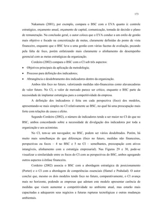 173


       Nakamura (2001), por exemplo, compara o BSC com o EVA quanto à: controle
estratégico, orçamento anual, orçamento de capital, comunicação, tomada de decisão e plano
de remuneração. Na conclusão geral, o autor coloca que o EVA conduz a um estilo de gestão
mais objetivo e focado na concretização de metas, claramente definidas do ponto de vista
financeiro, enquanto que o BSC leva a uma gestão com várias facetas de avaliação, pecando
pela falta de foco, porém enfatizando mais claramente o alinhamento do desempenho
gerencial com as metas estratégicas da organização.
       Cordeiro (2002) compara o BSC com o CI sob três aspectos:
•   Objetivos principais da aplicação da metodologia;
•   Processo para definição dos indicadores;
•   Abrangência e desdobramento dos indicadores dentro da organização.
       Ambos têm foco no futuro, valorizando medidas não-financeiras como alavancadoras
de valor futuro. No CI, o valor de mercado parece ser crítico, enquanto o BSC parte da
necessidade de implantar estratégias para a competitividade da empresa.
       A definição dos indicadores é feita em cada perspectiva (foco) dos modelos,
apresentando-se mais simples no CI relativamente ao BSC, no qual há uma preocupação mais
forte com relações de causa e efeito.
       Segundo Cordeiro (2002), o número de indicadores tende a ser maior no CI do que no
BSC, ambos concordando sobre a necessidade de divulgação dos indicadores por toda a
organização e aos acionistas.
       No CI, tem-se um navegador; no BSC, podem ser vários desdobrados. Porém, há
muito mais semelhanças do que diferenças (foco no futuro, medidas não financeiras,
perspectivas ou focos – 4 no BSC e 5 no CI – semelhantes, preocupação com ativos
intangíveis, alinhamento com a estratégia empresarial). Nas Figuras 29 e 30, pode-se
visualizar a similaridade entre os focos do CI com as perspectivas do BSC, ambos agregando
outros aspectos à ênfase financeira.
       Cordeiro (2002) associa o BSC com a abordagem estratégica de posicionamento
(Porter) e o CI com a abordagem de competências essenciais (Hamel e Prahalad). O autor
conclui que, mesmo os dois modelos tendo foco no futuro, comparativamente, o CI avança
mais no horizonte, podendo as empresas que adotam este modelo apresentar carência de
medidas que visem aumentar a competitividade no ambiente atual, mas estarão mais
capacitadas a adequarem seus negócios a futuras rupturas tecnológicas e outras mudanças
ambientais.
 