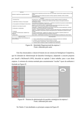201


                       NEGÓCIO                                                                                MISSÃO
                                                       Prestar serviços de engenharia que previnam riscos e não conformidades, reduzindo danos a pessoas, patrimônio e meio
Soluções em engenharia de integridade operacional      ambiente.
                                                       Nossa atividade deve gerar resultados que propiciem confiança, segurança e satisfação a clientes, sociedade,
                                                       colaboradores e sócios.

                                                                               VALORES
1 - POSTURA ÉTICA                                      POSTURA ÉTICA - QUE SE TRADUZ ATRAVÉS DAS ATITUDES CORRETAS FRENTE AO MERCADO.
                                                       COMPETÊNCIA TÉCNICA – A EMPRESA ESTÁ ORIENTADA PARA A BUSCA E APLICAÇÃO DA MELHOR
2 - COMPETÊNCIA TÉCNICA E ATUALIZAÇÃO                  INFORMAÇÃO TÉCNICA.
                                                       ATUALIZAÇÃO DE INFORMAÇÃO TECNOLÓGICA – A EMPRESA SE MANTEM ATUALIZADA NO CONHECIMENTO
3 - ATUALIZAÇÃO DE INFORMAÇÃO TECNOLÓGICA              DE NOVAS TECNOLOGIAS DE SUA ÁREA DE ATUAÇÃO.
                                                       RESPEITO À CULTURA DO CLIENTE – A EMPRESA PROCURA ENTRAR EM SINTONIA COM O CLIENTE,
4 - RESPEITO À CULTURA DO CLIENTE                      RESPEITANDO SUA CULTURA, SEM PERDER A PRÓPRIA IDENTIDADE.
                                                       VANGUARDA – A EMPRESA CARACTERIZA-SE PELA BUSCA CONSTANTE DE NOVOS MERCADOS, POR MEIO
5 - VANGUARDA / (PIONERISMO)                           DE IDÉIAS E INICIATIVAS INOVADORAS E DIFERENCIADAS.
                                                       TRADIÇÃO – A EMPRESA MANTÉM A TRADIÇÃO DE SERVIÇOS BEM PRESTADOS, CONFIABILIDADE DE SUAS
                                                       AÇÕES, CONSTÂNCIA E FIDELIDADE ÀS SUAS CONVICÇÕES QUE SE TRADUZEM NO CONJUNTO DE SEUS
6 - TRADIÇÃO                                           VALORES.
7 - RELAÇÕES INTERPESSOAIS / AMBIENTE DE               RELAÇÕES INTERPESSOAIS – AMBIENTE DE TRABALHO QUE FAVORECE O DESENVOLVIMENTO DO
TRABALHO                                               POTENCIAL DE SUA EQUIPE BASEADO EM CONFIANÇA E RESPEITO.
8 - RESULTADO                                          RESULTADOS – COMPROMISSO COM RESULTADOS PARA MANUTENÇÃO DA EMPRESA NO LONGO PRAZO

                  VISÃO DE FUTURO                                                                       DIRECIONADORES
Ocupar posição de liderança, sendo identificada como
marca de referência.                                   A – Crescer e qualificar/diferenciar sua operação para tornar a empresa uma empresa com rentabilidade.
                                                       B – Consolidar o nome da empresa como marca de referência no mercado.
                                                       C – Ser uma empresa de “Classe Mundial“, conforme critérios de excelência do PNQ.
                                                       D – Transformar ações e resultados do negócio em satisfação de seus colaboradores.


                                       Figura 44 – Identidade Organizacional da empresa 1
                                                   Fonte: elaborado pelo autor


               Esta fase desencadeou o desenvolvimento de um sistema de Inteligência Competitiva,
que foi chamado de Administração de Questões Estratégicas, adaptando o conceito proposto
por Ansoff e McDonnell (1993), discutido no capítulo 2 deste trabalho, para o caso desta
empresa. A estrutura do sistema montado para constantemente “receber” inputs do ambiente é
ilustrada na Figura 45.
     Questão
     Usuário
      Fonte                                                                                                                                  Inserir
      Força                                                                                                                                 Questão
 Am/Op/For/Fra
     Produto
      Cliente
     Negócio
  Direcionador
     Unidade
      Região
                      Gravidade
                       Urgência
                      Tendência
    Prioridade           GUT                                                       0
       Ação              O que
                         Como
  Responsável            Quem
       Local             Onde
      Prazo             Quando
   Orçamento            Quanto
    Indicador
  Observações


                 Figura 45 – Sistema de administração de questões estratégicas da empresa 1
                                        Fonte: elaborado pelo autor


               Na Tabela 13 são detalhados os principais campos da Figura 45.
 