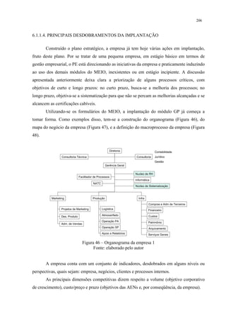 206


6.1.1.4. PRINCIPAIS DESDOBRAMENTOS DA IMPLANTAÇÃO

       Construído o plano estratégico, a empresa já tem hoje várias ações em implantação,
fruto deste plano. Por se tratar de uma pequena empresa, em estágio básico em termos de
gestão empresarial, o PE está direcionando as iniciativas da empresa e praticamente induzindo
ao uso dos demais módulos do MEIO, inexistentes ou em estágio incipiente. A discussão
apresentada anteriormente deixa clara a priorização de alguns processos críticos, com
objetivos de curto e longo prazos: no curto prazo, busca-se a melhoria dos processos; no
longo prazo, objetiva-se a sistematização para que não se percam as melhorias alcançadas e se
alcancem as certificações cabíveis.
       Utilizando-se os formulários do MEIO, a implantação do módulo GP já começa a
tomar forma. Como exemplos disso, tem-se a construção do organograma (Figura 46), do
mapa do negócio da empresa (Figura 47), e a definição do macroprocesso da empresa (Figura
48).


                                                        Diretoria                     Contabilidade
                 Consultoria Técnica                                   Consultoria    Jurídico
                                                                                      Gestão
                                                     Gerência Geral

                                                                       Nucleo de RH
                                Facilitador de Processos
                                                                       Informática
                                           NATC
                                                                       Núcleo de Sistematização



          Marketing                       Produção                       Infra

                                                                                 Compras e Adm de Terceiros
                 Projetos de Marketing            Logística                      Financeiro

                 Des. Produto                     Almoxarifado                   Custos
                                                  Operação PA                    Patrimônio
                 Adm. de Vendas
                                                  Operação SP                    Arquivamento
                                                  Apoio a Relatórios             Serviços Gerais

                                  Figura 46 – Organograma da empresa 1
                                        Fonte: elaborado pelo autor


       A empresa conta com um conjunto de indicadores, desdobrados em alguns níveis ou
perspectivas, quais sejam: empresa, negócios, clientes e processos internos.
       As principais dimensões competitivas dizem respeito a volume (objetivo corporativo
de crescimento), custo/preço e prazo (objetivos das AENs e, por conseqüência, da empresa).
 