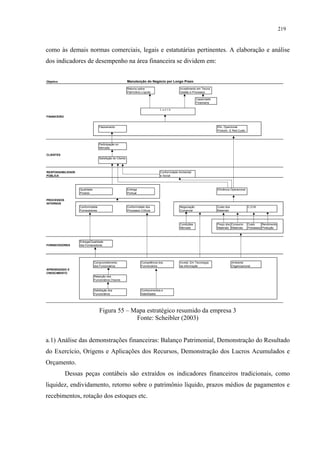 219


como às demais normas comerciais, legais e estatutárias pertinentes. A elaboração e análise
dos indicadores de desempenho na área financeira se dividem em:


Objetivo                                                  Manutenção do Negócio por Longo Prazo

                                                          Retorno sobre                        Investimento em Tecnol.
                                                          Patrimônio Líquido                   Gestão e Processos

                                                                                                            Capacidade
                                                                                                            Financeira

                                                                                 Lucro

FINANCEIRO


                                  Faturamento                                                                            Efic. Opercional
                                                                                                                         Produtiv. E Red.Custo



                                  Participação no
                                  Mercado

CLIENTES
                                  Satisfação do Cliente



RESPONSABILIDADE                                                                 Conformidade Ambiental
PÚBLICA                                                                          e Social



                   Qualidade                              Entrega                                                        Eficiência Operacional
                   Produto                                Pontual

PROCESSOS
INTERNOS
                   Conformidade                           Conformidade dos                     Negociação                Custo dos                C.O.M
                   Fornecedores                           Processos Críticos                   Comercial                 Materiais



                                                                                               Condições                 Preço dos Consumo        Custo     Rendimento
                                                                                               Mercado                   Materiais Materiais      Processos Produção



                   Entrega/Qualidade
FORNECEDORES       dos Fornecedores




                               Comprometimento                      Competência dos            Investi. Em Tecnologia                Ambiente
                               dos Funcionários                     Funcionários               da informação                         Organizacional
APRENDIZADO E
CRESCIMENTO
                               Retenção dos
                               Funcionários Chaves


                               Satisfação dos                       Conhecimentos e
                               Funcionários                         Habilidades




                                   Figura 55 – Mapa estratégico resumido da empresa 3
                                                Fonte: Scheibler (2003)


a.1) Análise das demonstrações financeiras: Balanço Patrimonial, Demonstração do Resultado
do Exercício, Origens e Aplicações dos Recursos, Demonstração dos Lucros Acumulados e
Orçamento.
             Dessas peças contábeis são extraídos os indicadores financeiros tradicionais, como
liquidez, endividamento, retorno sobre o patrimônio líquido, prazos médios de pagamentos e
recebimentos, rotação dos estoques etc.
 