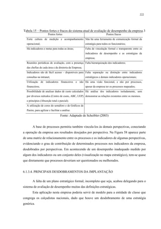222




Tabela 15 – Pontos fortes e fracos do sistema atual de avaliação de desempenho da empresa 3
                       Pontos fortes                                       Pontos fracos
  Forte cultura de medição e acompanhamento Não há uma ferramenta de comunicação formal da
  operacional;                                          estratégia para todos os funcionários;
  Há indicadores e metas para todas as áreas;           Falta de vinculação formal e transparente entre os
                                                        indicadores de desempenho e as estratégias da
                                                        empresa;
  Reuniões periódicas de avaliação, com a presença Falta hierarquização dos indicadores;
  das chefias de cada área e da diretoria da Empresa;
  Indicadores são de fácil acesso – disponíveis para Falta separação ou distinção entre indicadores
  consultas na intranet;                                estratégicos e demais indicadores operacionais;
  Utilização de indicadores financeiros e não Há uma visão funcional, e não por processos,
  financeiros;                                          apesar da empresa ter os processos mapeados;
  Possibilidade de analisar dados de custo calculados Há análise dos indicadores isoladamente, sem
  por diversos métodos (Centro de custo, ABC, UEP) demonstrar as relações existentes entre os mesmos.
  e princípios (Absorção total e parcial);
  A utilização de cores do semáforo e de Gráficos de
  Pareto, para agilizar e facilitar a análise.
                                   Fonte: Adaptado de Scheibler (2003)


       A base de processos permitiu também vincula-los às demais perspectivas, conectando
a operação da empresa aos resultados desejados por perspectiva. Na Figura 58 aparece parte
de uma matriz de relacionamento entre os processos e os indicadores de algumas perspectivas,
evidenciando o grau de contribuição de determinados processos nos indicadores da empresa,
desdobrados por perspectivas. Em acontecendo de um desempenho inadequado medido por
algum dos indicadores ou um conjunto deles (visualização no mapa estratégico), tem-se quase
que diretamente que processos deveriam ser questionados ou melhorados.


6.1.3.4. PRINCIPAIS DESDOBRAMENTOS DA IMPLANTAÇÃO

       A falta de um plano estratégico formal, incompleto que seja, acabou delegando para o
sistema de avaliação de desempenho muitas das definições estratégicas.
       Esta aplicação nesta empresa poderia servir de modelo para a entidade de classe que
congrega os calçadistas nacionais, dado que houve um desdobramento de uma estratégia
genérica.
 