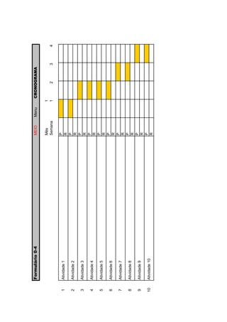 Formulário 0-4   MEIO
                      Menu     Menu       CRONOGRAMA

                      Mês             1
                      Semana          1       2        3   4

                      P
1    Atividade 1
                      R
                      P
2    Atividade 2
                      R
                      P
3    Atividade 3
                      R
                      P
4    Atividade 4
                      R
                      P
5    Atividade 5
                      R
                      P
6    Atividade 6
                      R
                      P
7    Atividade 7
                      R
                      P
8    Atividade 8
                      R
                      P
9    Atividade 9
                      R
                      P
10   Atividade 10
                      R
 