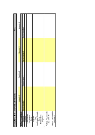 Formulário 1-5          DEFINIÇÃO DE AEN´s                                                       Menu

                              Negócio 1                Negócio 2             Negócio 3             Negócio 4
CARACTERIZAÇÃO
      Definição     Denominação 1            Denominação 2         Denominação 3         Denominação 4
      Produtos
   Concorrentes
    Localização
        Porte
       Clientes
        Tipo
Localização Mercado
        Porte
   Necessidade /
      exigência

Particip. Faturamento
     (%) (Ano -4)

Particip. Faturamento
     (%) (Ano 0)
 