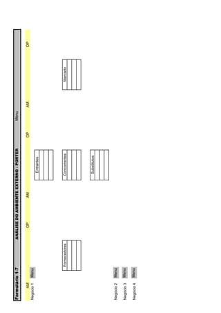 Formulário 1-7                    ANÁLISE DO AMBIENTE EXTERNO - PORTER         Menu

      AM                              OP          AM                      OP          AM             OP
Negócio 1   Menu
                                                            Entrantes




                   Fornecedores                            Concorrentes                    Mercado




                                                            Substitutos




Negócio 2   Menu

Negócio 3   Menu

Negócio 4   Menu
 