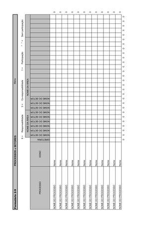 Formulário 2-9       PROCESSOS x SETORES                                                                                                                                                                    Menu


                                          9=                    Responsabilidade                                                                         3=                     Co-responsabilidade                    1=       Participação       " " =       Sem participação

                                                                NOME DA ÁREA                                                                                                                    NOME DA ÁREA




          PROCESSO          DONO




                                    DIRETORIA
                                                NOME DO SETOR
                                                                NOME DO SETOR
                                                                                NOME DO SETOR
                                                                                                NOME DO SETOR
                                                                                                                NOME DO SETOR
                                                                                                                                NOME DO SETOR
                                                                                                                                                NOME DO SETOR
                                                                                                                                                                NOME DO SETOR
                                                                                                                                                                                NOME DO SETOR
NOME DO PROCESSO     Nome                                                                                                                                                                                                                                                             0

NOME DO PROCESSO     Nome                                                                                                                                                                                                                                                             0

NOME DO PROCESSO     Nome                                                                                                                                                                                                                                                             0

NOME DO PROCESSO     Nome                                                                                                                                                                                                                                                             0

NOME DO PROCESSO     Nome                                                                                                                                                                                                                                                             0

NOME DO PROCESSO     Nome                                                                                                                                                                                                                                                             0

NOME DO PROCESSO     Nome                                                                                                                                                                                                                                                             0

NOME DO PROCESSO     Nome                                                                                                                                                                                                                                                             0

NOME DO PROCESSO     Nome                                                                                                                                                                                                                                                             0

NOME DO PROCESSO     Nome                                                                                                                                                                                                                                                             0

NOME DO PROCESSO     Nome                                                                                                                                                                                                                                                             0

NOME DO PROCESSO     Nome                                                                                                                                                                                                                                                             0
                                     0            0               0               0               0               0               0               0               0               0             0   0   0     0    0   0    0    0   0    0    0    0      0    0   0   0   0     0
 