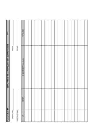 Formulário 2-14           DETALHAMENTO DAS ATIVIDADES DOS SUBPROCESSOS     Menu


   PROCESSO:                                                      DONO:


SUBPROCESSO:                                                      DONO:



     Nº           SETOR               O QUE É FEITO (Atividade)           TIPOLOGIA
 