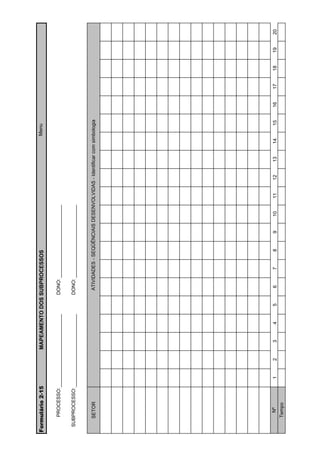 Formulário 2-15           MAPEAMENTO DOS SUBPROCESSOS                                                   Menu


    PROCESSO:                            DONO:


 SUBPROCESSO:                            DONO:



    SETOR                                 ATIVIDADES - SEQÜÊNCIAIS DESENVOLVIDAS - Identificar com simbologia




      Nº          1   2    3    4    5     6      7      8      9     10      11     12     13     14      15   16   17   18   19   20
    Tempo
 