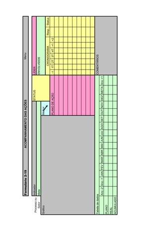 Formulário 2-19            ACOMPANHAMENTO DAS AÇÕES                                   Menu


 Processo ou Indicador                                                 STATUS            LÍDER
    Setor    Meta                                                                        ENVOLVIDOS
Gráfico                                                       Melhor
                                                                                                 CRONOGRAMA     Resp.   Status
                                                              PLANO DE AÇÃO              -1 1T 2T 3T 4T +1 +2




Tabela de dados                                                                          COMENTÁRIOS
             Ano -2 Ano -1 JAN FEV MAR ABR MAI JUN JUL AGO SET OUT NOV DEZ META Ano +1
PLANO
REAL
ACUMULADO
 