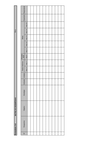 Formulário 3-5         MATRIZ DE DESEMPENHO                                                                                              Menu



                                                                                                  Situação
                                                                               Dados históricos                                Metas
                                                                                                    atual
Nº       Perspectiva        Objetivo          Estratégia   Indicador Unidade                                                                              Orçamento Responsável
                                                                               Ano -2    Ano -1    Ano 0     Ano +1   Ano +2   Ano +3   Ano +4   Ano +5
 