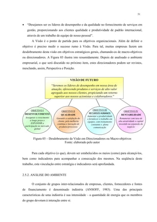 51



•    “Desejamos ser os líderes de desempenho e da qualidade no fornecimento de serviços em
     gestão, proporcionando aos clientes qualidade e produtividade de padrão internacional,
     através de um trabalho de equipe de nosso pessoal”.
          A Visão é o ponto de partida para os objetivos organizacionais. Além de definir o
objetivo é preciso medir o sucesso rumo à Visão. Para tal, muitas empresas fazem um
desdobramento desta visão em objetivos estratégicos gerais, chamando-os de macro-objetivos
ou direcionadores. A Figura 03 ilustra isto resumidamente. Depois de analisado o ambiente
empresarial, o que será discutido no próximo item, estes direcionadores podem ser revistos,
mesclando, assim, Perspectiva e Posição.


                                               VISÃO DE FUTURO
                              “Seremos os líderes de desempenho em nossa área de
                              atuação, oferecendo produtos e serviços de alto valor
                              agregado aos nossos clientes, propiciando um retorno
                                superior aos nossos acionistas e colaboradores.”



         OBJETIVO I                                                OBJETIVO III
                                       OBJETIVO II                                             OBJETIVO IV
    DESENVOLVIMENTO                                            RECURSOS HUMANOS
                                      QUALIDADE                                             RENTABILIDADE
                                                             Aumentar a produtividade
    Assegurar o crescimento       Garantir a satisfação do                                 Remunerar com taxa de
                                                             e fortalecer o trabalho em
         a longo prazo e           cliente, pela melhoria                                 alta atratividade o capital
                                                             equipes, com treinamento
          EXPANDIR a              contínua e inovação de                                  investido na expansão do
                                                                 constante e plena
    participação no mercado         produtos/processos                                              negócio
                                                                    comunicação
              global



           Figura 03 – Desdobramento da Visão em Direcionadores ou Macro-objetivos
                                 Fonte: elaborado pelo autor


          Para cada objetivo (o que), devem ser estabelecidos os meios (como) para alcançá-los,
bem como indicadores para acompanhar a consecução dos mesmos. Na seqüência deste
trabalho, esta vinculação entre estratégia e indicadores será aprofundada.


2.5.2. ANÁLISE DO AMBIENTE

          O conjunto de grupos inter-relacionados de empresas, clientes, fornecedores e fontes
de financiamento é denominado indústria (ANSOFF, 1983). Uma das principais
características de uma indústria é sua intensidade – a quantidade de energia que os membros
do grupo devotam à interação entre si.
 