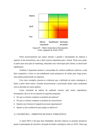 58



                    Melhor




                    Igual




                    Pior

                                   Menos      Qualificador Ganhador
                                   importante              de pedido
                           Figura 05 – Matriz Importância-Desempenho
                                 Fonte: adaptado de Slack (1993)


       Outro posicionamento que requer atenção é quando o desempenho da empresa é
superior ao da concorrência, mas o fator é pouco importante para o cliente. Neste caso, pode-
se partir para uma ação de marketing, induzindo uma valorização pelo cliente, ou desinvestir
rapidamente.
       Também é importante destacar a necessidade de verificar tendências relativas a cada
fator competitivo. Como se está trabalhando numa perspectiva de médio para longo prazo,
uma análise pontual pode ser enganosa.
       Com estes exemplos, procura-se evidenciar que a definição de ações estratégicas é
direta a partir desta matriz, restando posteriormente a priorização destas ações juntamente
com as advindas de outras análises.
       Como conclusão da análise do ambiente externo, pela matriz importância-
desempenho, deve-se ter as respostas às seguintes perguntas:
•   Por que os clientes compram os produtos da empresa?
•   Por que os clientes compram os produtos de concorrentes?
•   Qual(is) o(s) Fator(es) Competitivo(s) mais importante(s)?
•   Quanto se deve melhorá-lo para atingir os objetivos?


A.3. MATRIZ BCG – AMBIENTES DE BAIXA TURBULÊNCIA


       A matriz BCG é útil para duas finalidades: decisões relativas às posições desejáveis
quanto à participação de mercado e alocação de fundos estratégicos entre as AENs. Antes que
 