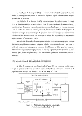 85


       As abordagens de Harrington (1993) e de Rummler e Brache (1994) apresentam vários
pontos de convergência em termos de conteúdo e seqüência lógica, variando apenas no peso
relativo dado a cada etapa.
       Para Gulledge Jr. e Sommer (2002), a abordagem de Gerenciamento de Processos
envolve: documentação dos processos como forma de compreender os fluxos de trabalho e
suas interações; designação e gerenciamento de responsabilidades para as etapas e atividades
a fim de estabelecer formas de controle gerencial; otimização das medidas de desempenho da
performance dos processos e otimização do processo, em todas suas etapas, a fim de aumentar
a qualidade dos produtos finais ou melhorar os níveis dos indicadores da performance
organizacional (MÜLLER et al., 2003).
       A seguir, são detalhados alguns pontos ressaltados pelos autores supracitados em suas
abordagens, considerados relevantes para este trabalho, compreendendo uma visão geral (o
início do processo), a hierarquia de processos (desdobrando a visão geral em partes), a
definição da equipe (elementos propulsores do projeto), a priorização dos processos (a visão
deve ser geral, mas a atuação é local) e seu detalhamento (definição, compreensão, análise e
melhoria).


3.3.1. VISÃO GERAL E HIERARQUIA DE PROCESSOS

       A visão de sistemas de uma Organização (Figura 14) é o ponto de partida para a
criação e gerenciamento que respondam à nova realidade de concorrência acirrada e de
expectativas em mutação dos clientes (RUMMLER; BRACHE, 1994).

                                      INFLUÊNCIAS AMBIENTAIS GERAIS (8)


                                            SISTEMA PROCESSADOR (1)
                       ENTRADAS
                          (2)                                          (10)
                                             (9)                                  SAÍDAS
                                                                                    (3)
                         Capital
                                                           (9)
        RECURSOS      Matéria-Prima
                                             (9)                         (9)     Produtos e
                        Tecnologia                                                Serviços
                                                                                              MERCADO
                                                           (9)
                      Recs. Humanos                                                              (4)
                                                                         (5)
                                                                               PEDIDOS (6)



                                                   CONCORRÊNCIA (7)
                                                    CONCORRÊNCIA (7)
         O Mapa do Negócio da Empresa

                        Figura 14 – Visão de sistemas de uma organização.
                                Fonte: Rummler e Brache (1994).
 