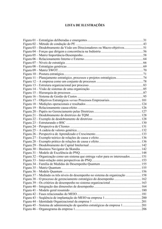 LISTA DE ILUSTRAÇÕES



Figura 01 – Estratégias deliberadas e emergentes .................................................................... 31
Figura 02 – Método de condução do PE .................................................................................. 43
Figura 03 – Desdobramento da Visão em Direcionadores ou Macro-objetivos....................... 51
Figura 04 – Forças que dirigem a concorrência na Indústria ...................................................56
Figura 05 – Matriz Importância-Desempenho.......................................................................... 58
Figura 06 – Relacionamento Interno e Externo........................................................................ 64
Figura 07 – Níveis de estratégia ...............................................................................................66
Figura 08 – Estratégias genéricas ............................................................................................. 69
Figura 09 – Matriz SWOT........................................................................................................ 70
Figura 10 – Postura estratégica................................................................................................. 71
Figura 11 – Planejamento estratégico, processos e projetos estratégicos................................. 74
Figura 12 – A empresa como um conjunto de processos ......................................................... 78
Figura 13 – Estrutura organizacional por processo ..................................................................83
Figura 14 – Visão de sistemas de uma organização. ................................................................ 85
Figura 15 – Hierarquia de processos ........................................................................................ 87
Figura 16 – Sistema de Gestão de Custos ................................................................................95
Figura 17 – Objetivos Estratégicos versus Processos Empresariais....................................... 101
Figura 18 – Medições operacionais e resultados .................................................................... 124
Figura 19 – Relacionamento causa-efeito .............................................................................. 126
Figura 20 – Papéis no Gerenciamento pelas Diretrizes.......................................................... 127
Figura 21 – Desdobramento de diretrizes do TQM................................................................ 128
Figura 22 – Exemplo de desdobramento de diretrizes ...........................................................128
Figura 23 – Estruturando o BSC ............................................................................................ 130
Figura 24 – Perspectiva de Clientes ....................................................................................... 131
Figura 25 – A cadeia de valores genérica............................................................................... 132
Figura 26 – Perspectiva de Aprendizado e Crescimento........................................................ 133
Figura 27 – Exemplo teórico de relações de causa e efeito.................................................... 136
Figura 28 – Exemplo prático de relações de causa e efeito.................................................... 136
Figura 29 – Desdobramento do Capital Intelectual ................................................................ 142
Figura 30 – Business Navigator da Skandia........................................................................... 142
Figura 31 – Modelo de Excelência do PNQ ........................................................................... 148
Figura 32 – Organização como um sistema que entrega valor para os interessados..............151
Figura 33 – Inter-relação entre perspectivas do PNQ............................................................. 153
Figura 34 – Família de Medidas do Desempenho Quantum .................................................. 155
Figura 35 – Matriz Quantum .................................................................................................. 155
Figura 36 – Modelo Quantum ................................................................................................ 156
Figura 37 – Medindo os três níveis do desempenho no sistema da organização ...................158
Figura 38 – O processo de gerenciamento estratégico do desempenho .................................162
Figura 39 – Os critérios de desempenho no sistema organizacional......................................163
Figura 40 – Integração das dimensões de desempenho..........................................................164
Figura 41 – Modelo geral resumido ....................................................................................... 180
Figura 42 – Fases relacionadas do MEIO............................................................................... 181
Figura 43 – Seqüência de implantação do MEIO na empresa 1............................................. 200
Figura 44 – Identidade Organizacional da empresa 1 ............................................................ 201
Figura 45 – Sistema de administração de questões estratégicas da empresa 1.......................201
Figura 46 – Organograma da empresa 1.................................................................................206
 