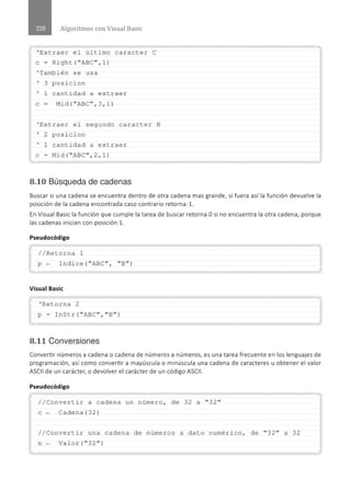 Algoritmos con Visual Basic
.......................................................................................................................................................................................................... ..
' Extrae r e l últ i mo caracte r C
e= Right( "ABC", l)
' Ta mbién se us a
' 3 pos i c i on
' 1 ca ntidad a extraer
e - Mi d (" ABC", 3 , 1)
' Ext r ae r e l s egundo caracter B
' 2 posici o n
' 1 cant idad a extra e r
e = Mid ("ABC",2,1)
8.10 Búsqueda de cadenas
Buscar si una cadena se encuentra dentro de otra cadena mas grande, si fuera así la función devuelve la
posición de la cadena encontrada caso contrario retorna-l.
En Visual Basic la función que cumple la tarea de buscar retorna Osi no encuent ra la otra cadena, porque
las cadenas inician con posición l.
Pseudocódigo
//Retorna 1
p- I ndice (''ABC", "B" )
............................................................................................................................................................................................................
Visual Basic
' Reto rna 2
¡ p = InStr ("ABC '',''B")
.............." .........................................'.'"" ' ....""..."""..........""............" ......." .....""............" .....""....................." .............." ....." .......
8.11 Conversiones
Convertir números a cadena o cadena de números a números, es una tarea frecuente en los lenguajes de
programación, así como convertir a mayúscula o minúscula una cadena de caracteres u obtener el valor
ASCII de un carácter, o devolver el carácter de un código ASCII.
Pseudocódigo
.............................................................................................................................................................................................................
//Conve rtir a cadena un número, de 32 a ''32"
e - Cade na (32)
/ / Conve r t i r una cade na de números a dato numérico, de " 32" a 32
n - Valor( " 32" )
............................................................................................................................................................................................................
 