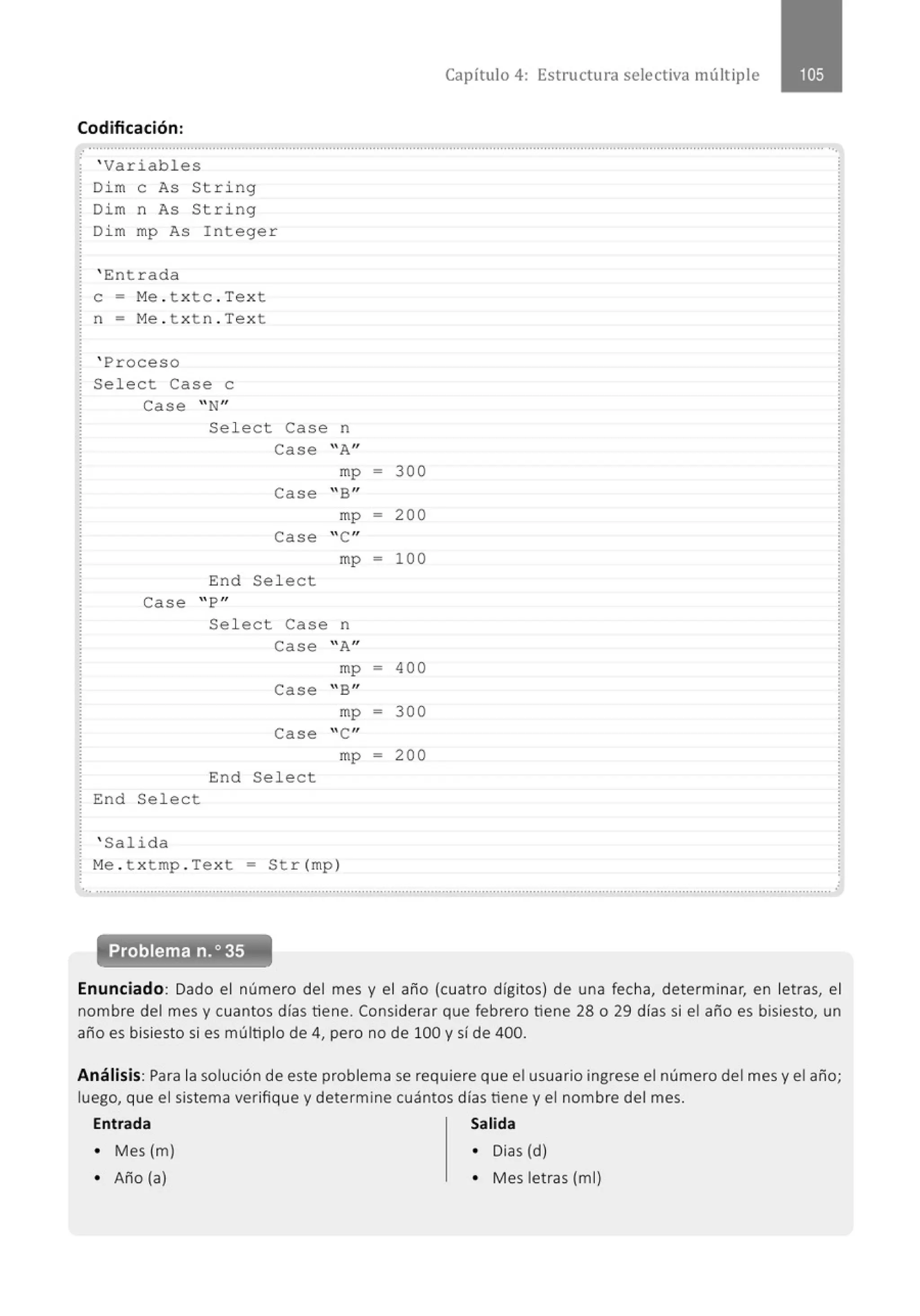 Capítulo 4: Estructura selectiva múltiple
Codificación:
.............................................................................................................................................................................................................
' Variables
Dim e As String
Dim n As String
Di m mp As Integer
' Entrada
e= Me . txtc . Text
n = Me . t xtn . Text
' Proceso
Select Case e
Case " N"
Select Case
Case
Case
Case
End Sel ect
Case "P"
Select Case
case
Case
Case
End Select
End Select
' Salida
n
"A"
mp
" B"
mp
"C"
mp
n
"A"
mp
" B"
mp
"C"
mp
Me . t xt mp . Text = Str(mp)
- 300
- 200
= lOO
- 400
= 300
- 200
... ...........................................................................................................................................................................................................·
Problema n.o 35
Enunciado: Dado el número del mes y el año (cuatro dígitos) de una fecha, determinar, en letras, el
nombre del mes y cuantos días tiene. Considerar que febrero tiene 28 o 29 días si el año es bisiesto, un
año es bisiesto si es múltiplo de 4, pero no de 100 y sí de 400.
Análisis: Para lasolución de este problema se requiere que el usuario ingrese el número del mes y el año;
luego, que el sistema verifique y determine cuántos días tiene y el nombre del mes.
Entrada Salida
• Mes (m) • Dias (d)
• Año (a) • Mes letras (mi)
 