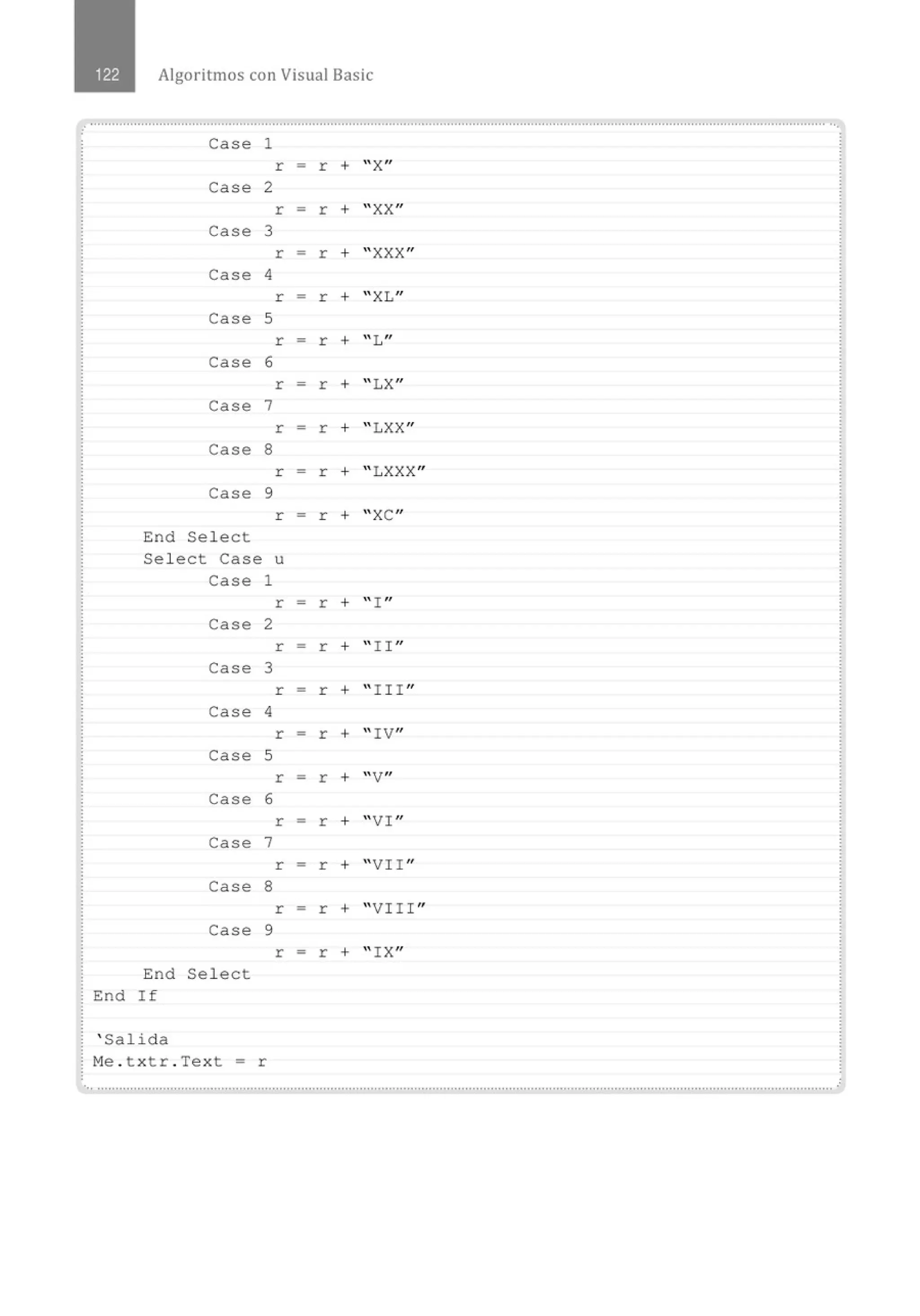Algoritmos con Visual Basic
................................................................................................ ......................................................................................................... ..
Case 1
r - r + "Xn
Case 2
r = r + " XX ''
Case 3
r - r + "XXX"
Case 4
r - r + ''XL "
Case 5
r - r + "L"
Case 6
r = r + "LX"
Case 7
r - r + "LXX"
Case 8
r - r + ''LXXX"
Case 9
r - r + "XC"
End Sel ect
Sel ect Case u
Case 1
Case 2
Case 3
Case 4
Case 5
Case 6
Case 7
Case 8
Case 9
End Select
End If
' Salida
Me . t xtr . Text = r
r = r + " ! "
r=r +'' II "
r r + " I I I "
r - r + " IV"
r - r + "V"
r = r + "VI "
r + "VI I "
- r
r - r + "VI I I"
r = r + " IX ''
... ...........................................................................................................................................................................................................
 
