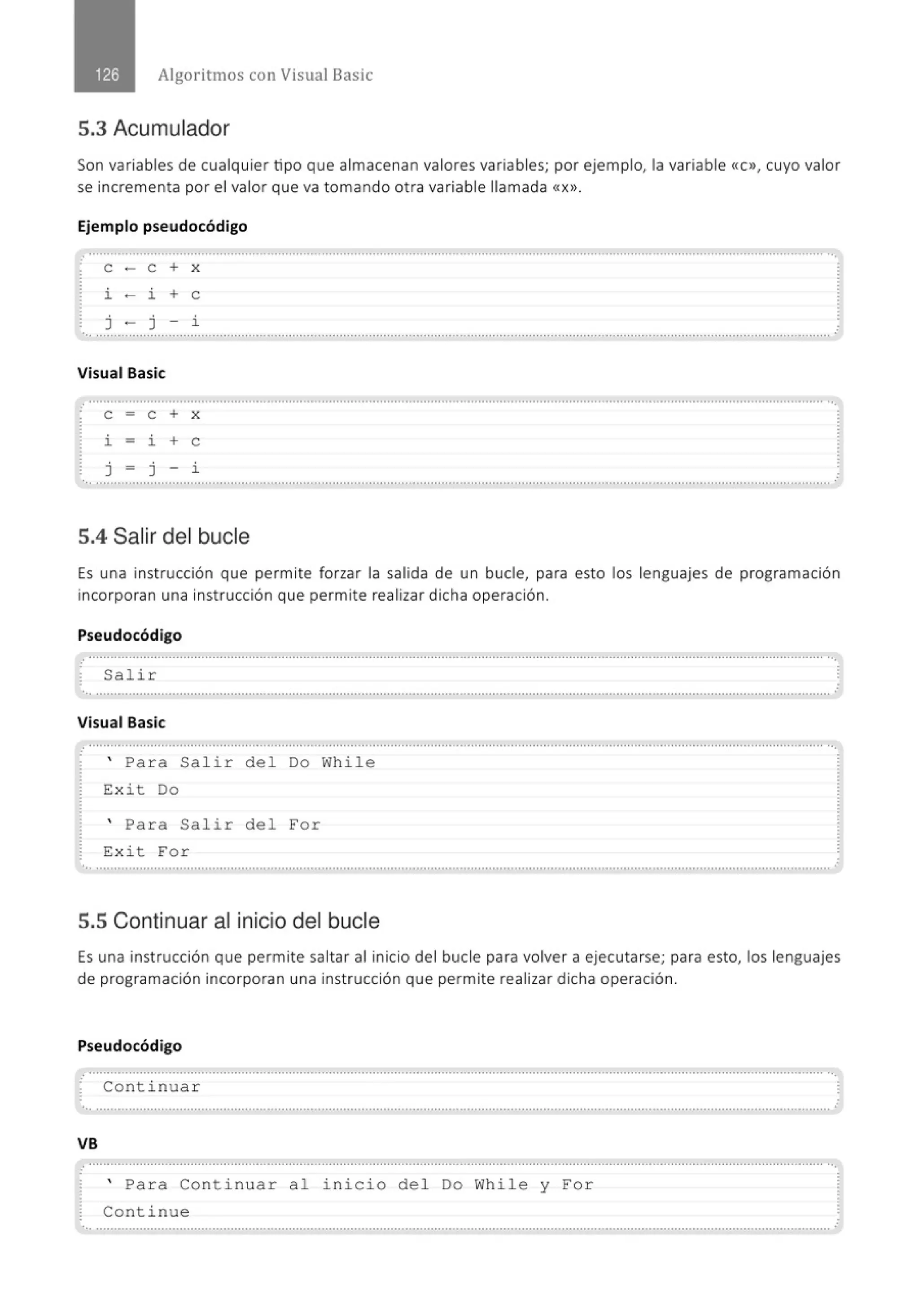 Algoritmos con Visual Basic
5.3 Acumulador
Son variables de cualquier tipo que almacenan valores variables; por ejemplo, la variable «c», cuyo valor
se incrementa por el valor que va tomando otra variable llamada «X>>.
Ejemplo pseudocódigo
........................................................................................................................................................................................................... ...
e - e + x
i - i + e
... .......................................................................................................................................................................................................... .·
Visual Basic
.............................................................................................................................................................................................................
e = e + x
i = i + e
j = j - i
5.4 Salir del bucle
Es una instrucción que permite forzar la salida de un bucle, para esto los lenguajes de programación
incorporan una instrucción que permite realizar dicha operación.
Pseudocódigo
.............................................................................................................................................................................................................
Salir
Visual Basic
...................................................., .......................................................................................................................................................
' Para Salir del Do While
Exit Do
' Para Salir del For
Exit For
5.5 Continuar al inicio del bucle
Es una instrucción que permite saltar al inicio del bucle para volver a ejecutarse; para esto, los lenguajes
de programación incorporan una instrucción que permite realizar dicha operación.
Pseudocódigo
Continuar
..............................................................................................................................................................................................................
VB
.........' ' ................' .......................' .......' .......................' ......................'........................'' ....' ' ...............................................' .............' ...
' Para Cont i nuar al inicio de l Do While y For
Continue
.. ...........................................................................................................................................................................................................
 