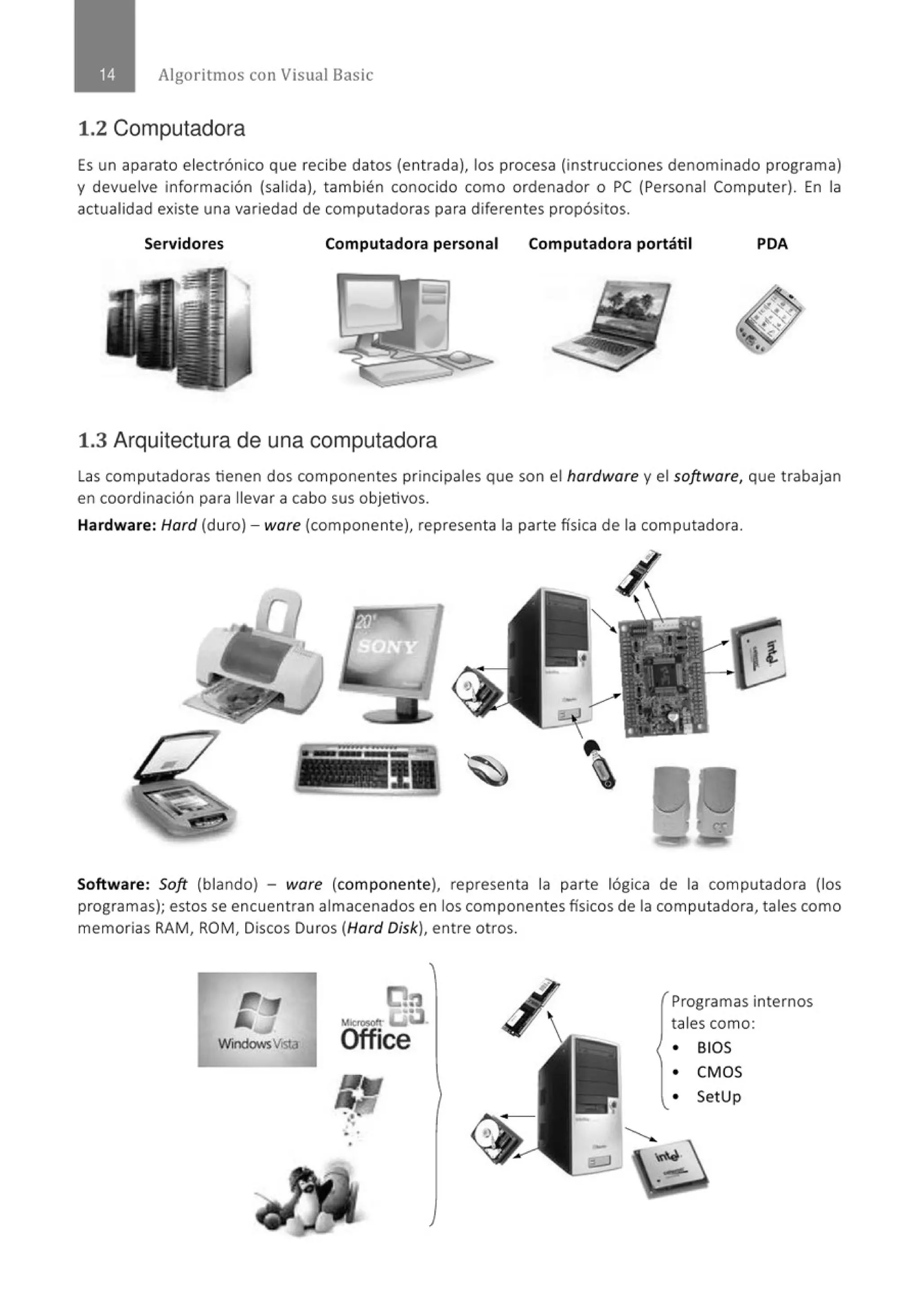 Algoritmos con Visual Basic
1.2 Computadora
Es un aparato electrónico que recibe datos (entrada), los procesa (instrucciones denominado programa)
y devuelve información (salida), también conocido como ordenador o PC (Personal Computer). En la
actualidad existe una variedad de computadoras para diferentes propósitos.
Servidores Computadora personal Computadora portátil PDA
1.3 Arquitectura de una computadora
Las computadoras tienen dos componentes principales que son el hardware y el software, que trabajan
en coordinación para llevar a cabo sus objetivos.
Hardware: Hard (duro) - ware (componente), representa la parte física de la computadora.

Software: 5oft (blando) - ware (componente), representa la parte lógica de la computadora (los
programas); estos se encuentran almacenados en los componentes físicos de la computadora, tales como
memorias RAM, ROM, Discos Duros (Hard Disk), entre otros.
0:3
.....
M_........
Office
WindowsVISto
. .
Programas internos
tales como:
• BIOS
• CMOS
• SetUp
 